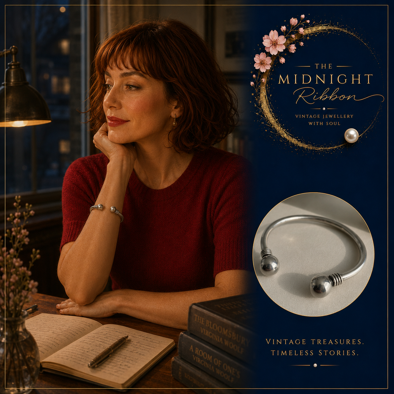A woman with shoulder-length red hair, wearing a red sweater, sitting at a wooden table with an open notebook and a pen, wearing a silver bracelet and earring, in a cozy, warmly lit room with books and a window showing a dark evening outside. The right side features a promotional graphic for jewelry, showing a silver bracelet with spherical ends, pink flowers, and gold text that reads "The Midnight Ribbon, Vintage Jewelry with Soul" and "Vintage Treasures. Timeless Stories."
