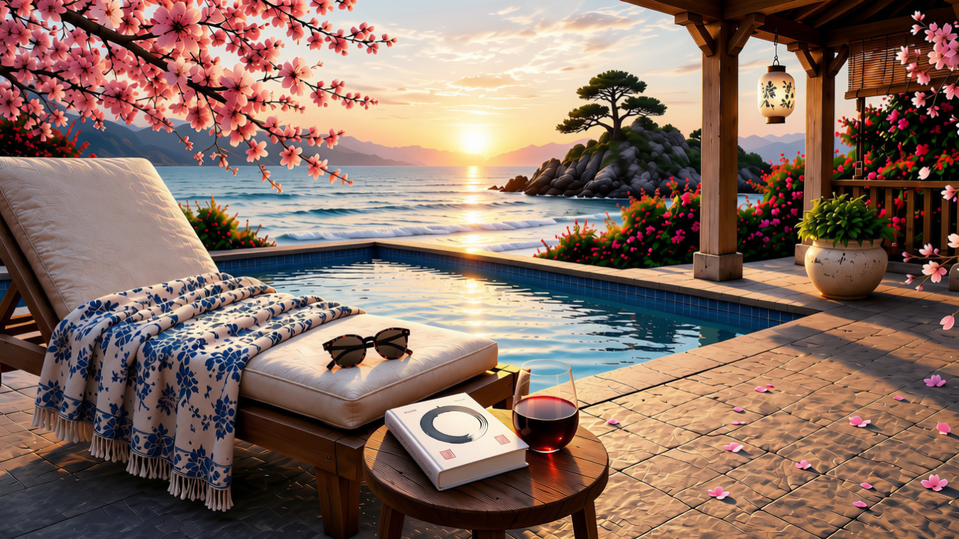 Sunlounger at villa beside sea