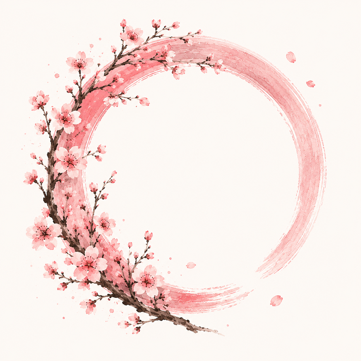 Pink cherry blossom branch with petals and a pink watercolor circle on white background.