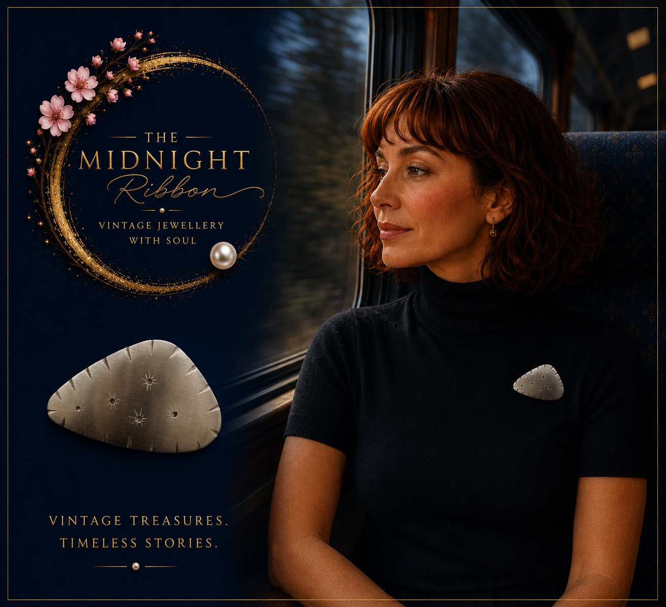 A woman with short curly red hair looking out the window on a train, wearing black clothing, with jewelry resembling jewelry pieces on her shoulder and ear. The left side features a graphic design with the text 'The Midnight Ribbon, Vintage Jewelry with Soul,' surrounded by pink flowers, a pearl, and gold decorative elements, with the phrase 'Vintage Treasures. Timeless Stories.' at the bottom.