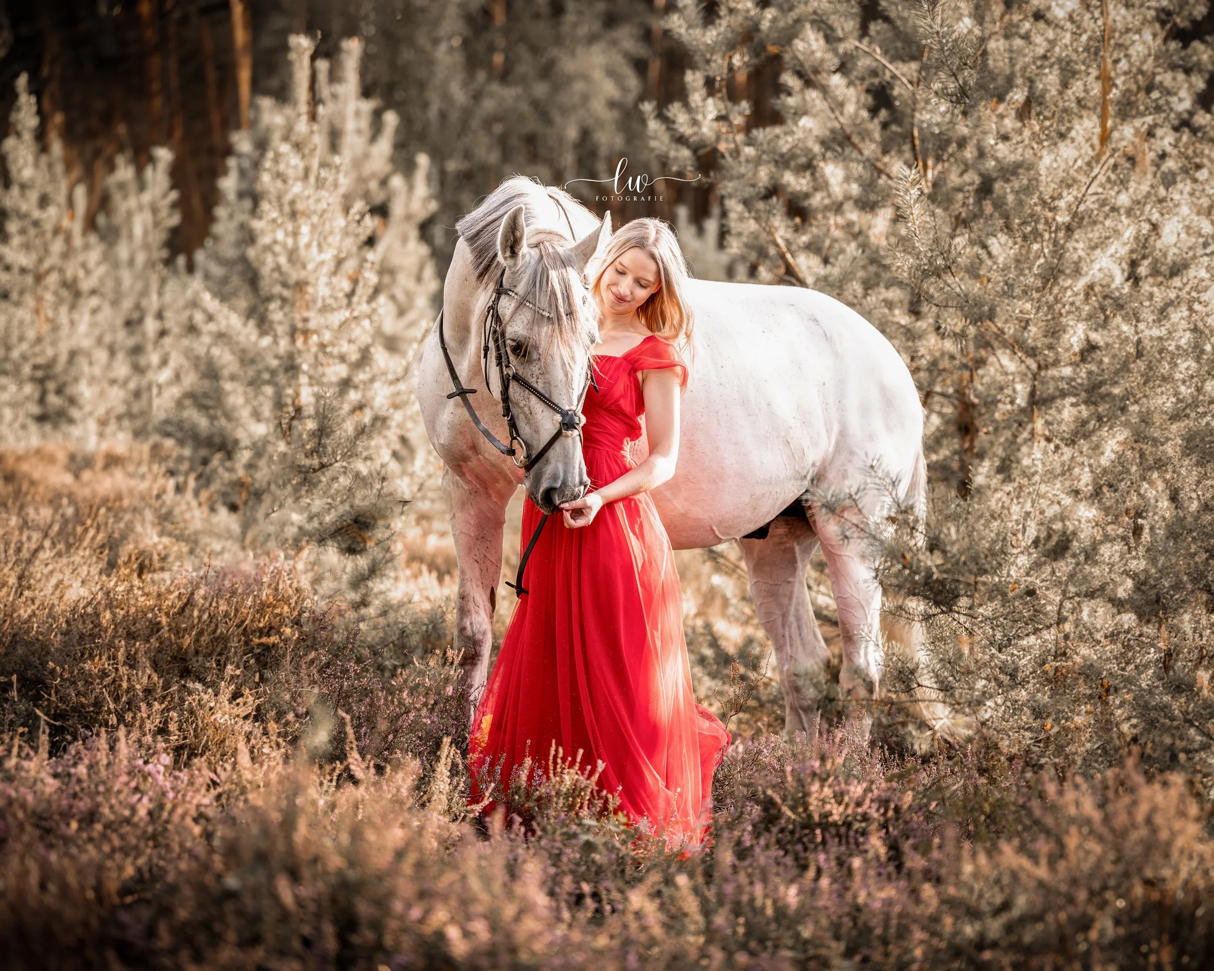 Eine junge Frau in einem roten Kleid, die neben einem weißen Pferd in einem Wald steht, umgeben von Büsche und Bäumen.