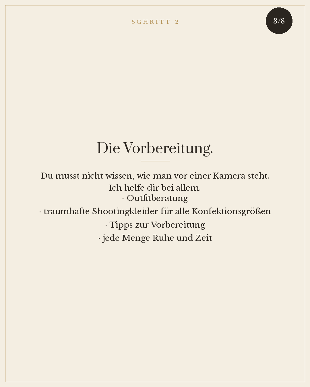 Textseite mit Überschrift 'Die Vorbereitung' und Stichpunkten zu Outfitteratung, Shootingkleidern, Tipps und Ruhe, auf einer beigen Hintergrundseite.