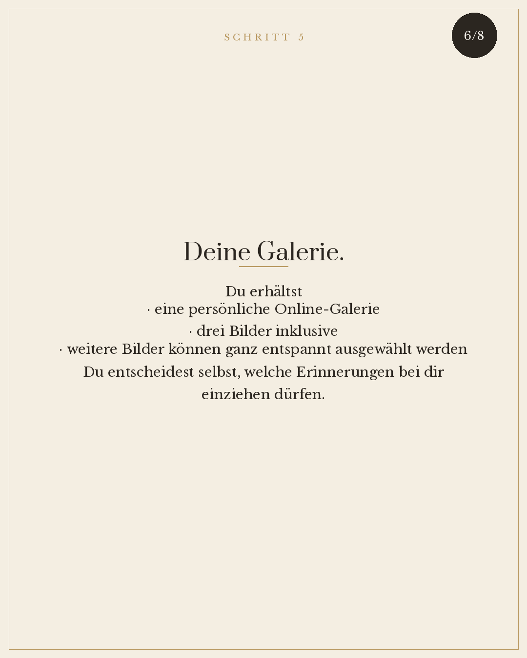 Anleitung für eine persönliche Online-Galerie, aufgeteilt in Schritt 5, erklärt die Erstellung und Auswahl von Bildern für die Galerie, mit Fokus auf Entspannung und Erinnerungen.
