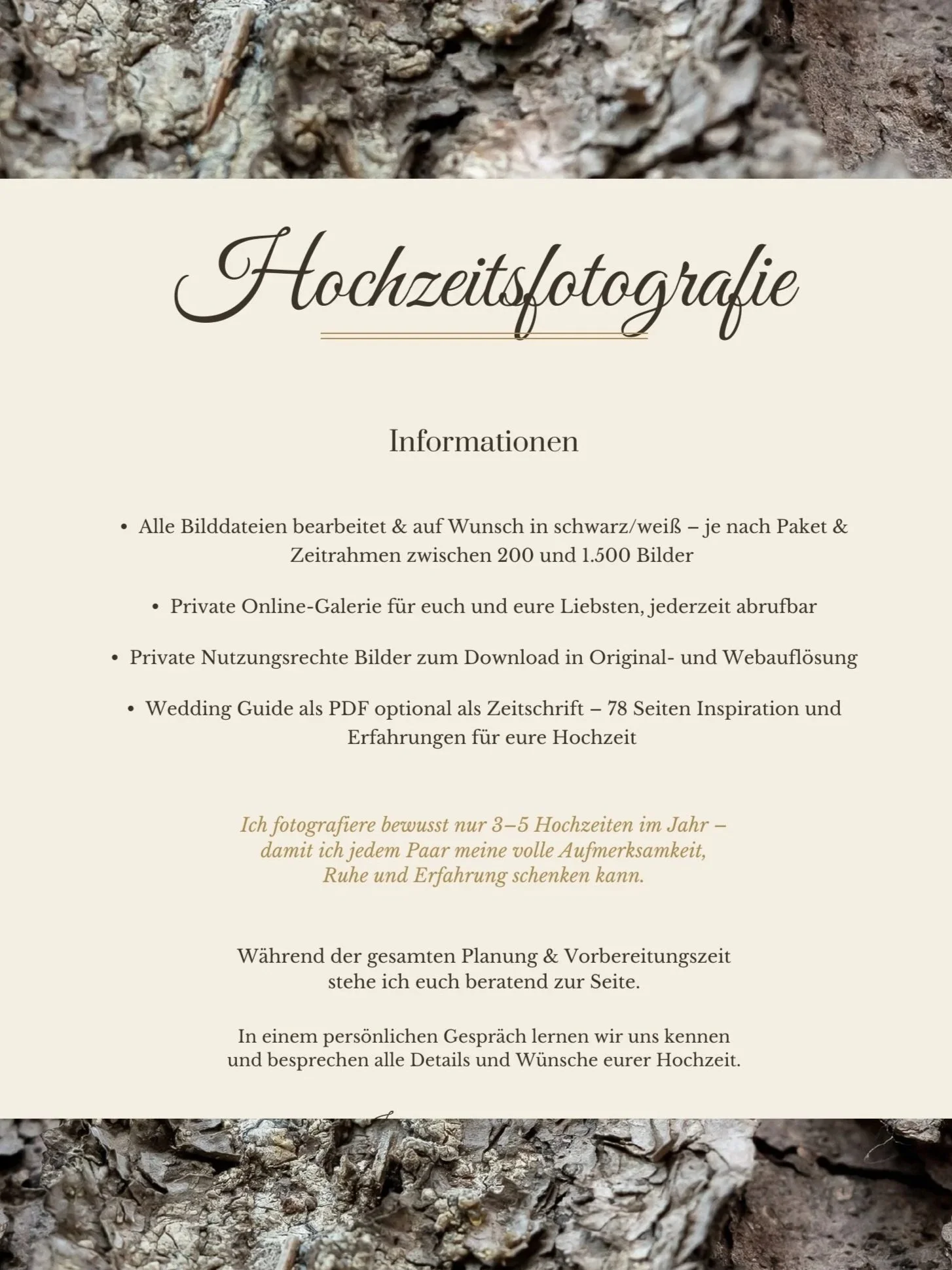 Boden aus Erde und kleinen Steinen mit Text über Hochzeitsfotografie, Hinweise zu Bildbearbeitung, Online-Galerie, Nutzungsrechten, Hochzeits-Guide, Planung und Beratungsgespräch