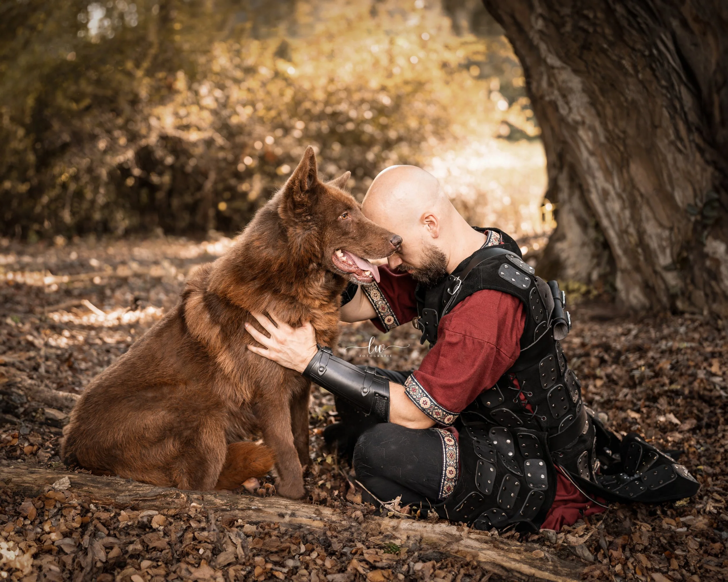 Mensch und Hund im Wald, der Mensch sitzt, der Hund sitzt mit Kopf an der Stirn des Menschen, Bäume im Hintergrund, herbstliche Laubboden