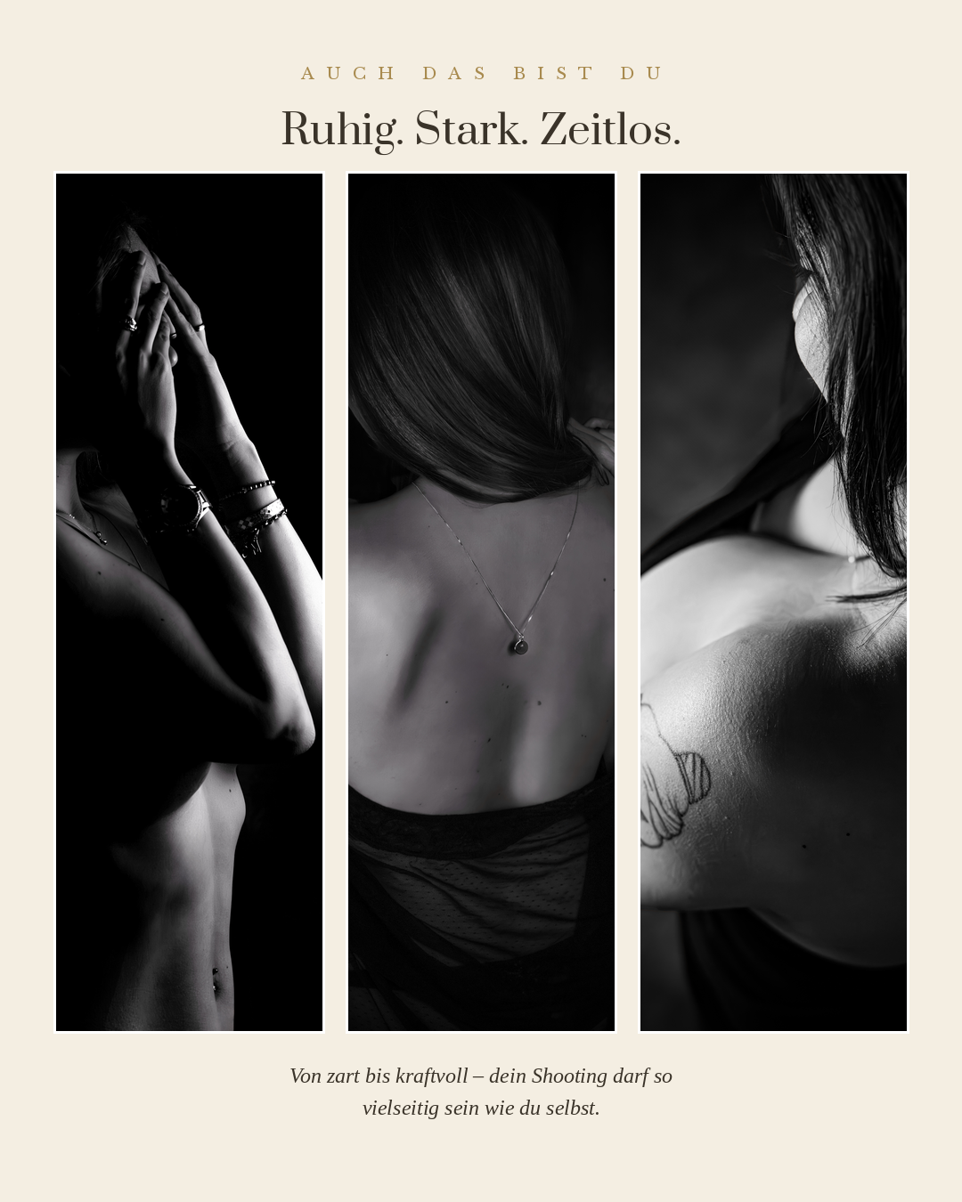 Eine Collage aus drei schwarzen und weißen Fotografien von Frauen mit unterschiedlicher Körperhaltung, Schmuck und Tattoos, sowie ein Text in Deutsch oben und unten auf hellem Hintergrund.