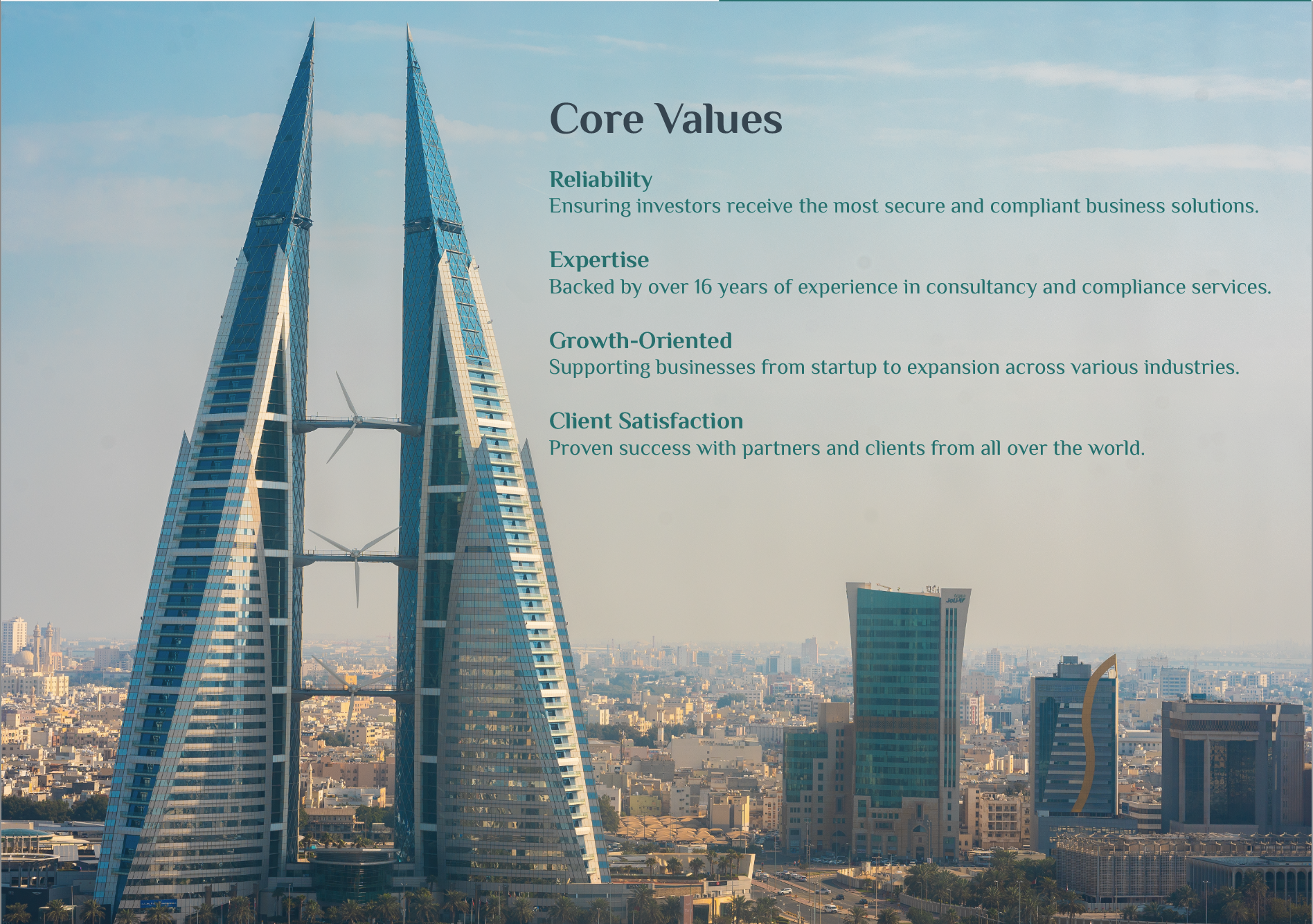 A cityscape with two prominent modern towers featuring wind turbines between them. Text on the right lists core values: Reliability, Expertise, Growth-Oriented, and Client Satisfaction with respective descriptions situated over a clear sky background.