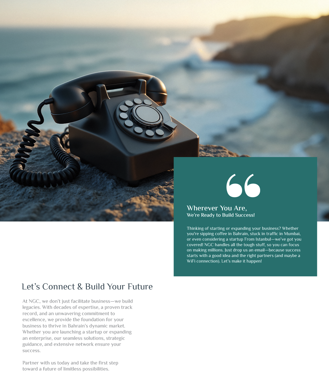 A vintage rotary phone on a rock by the ocean with promotional text for NGC about business expansion and success.