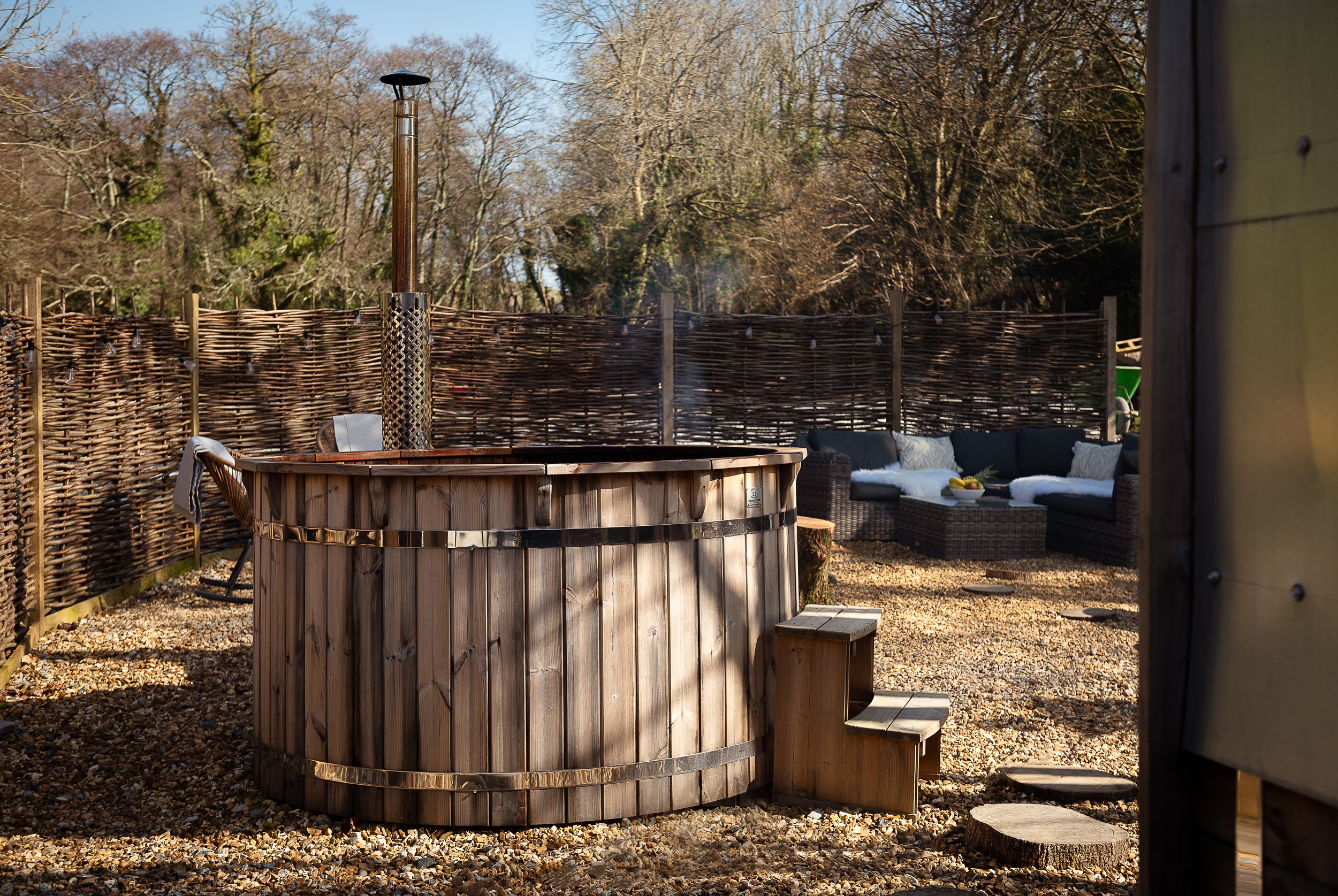 View of the hot tub from the sauna