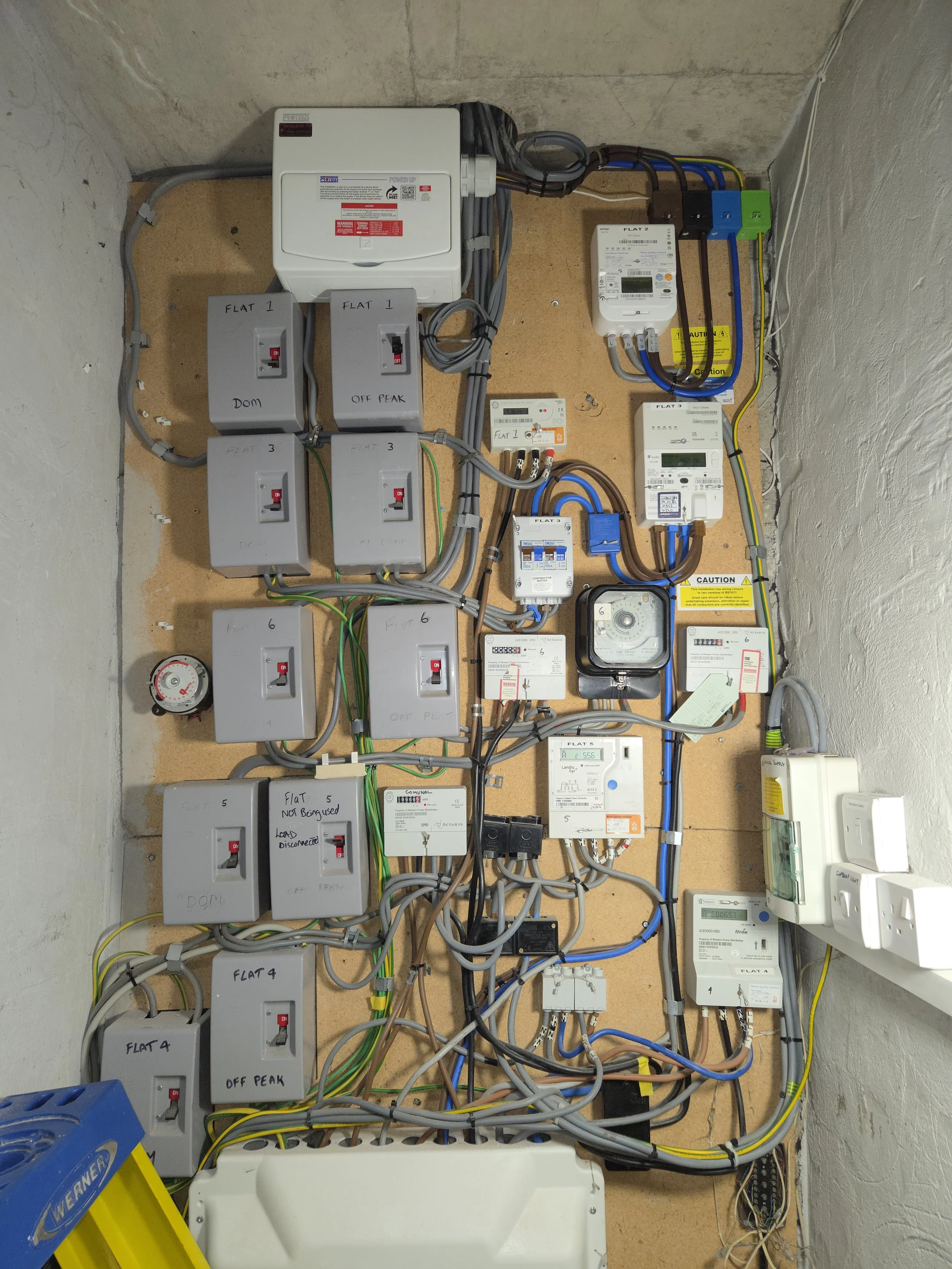 Electrical utility panel with various meters, switches, and wires on a wooden board in a utility room.