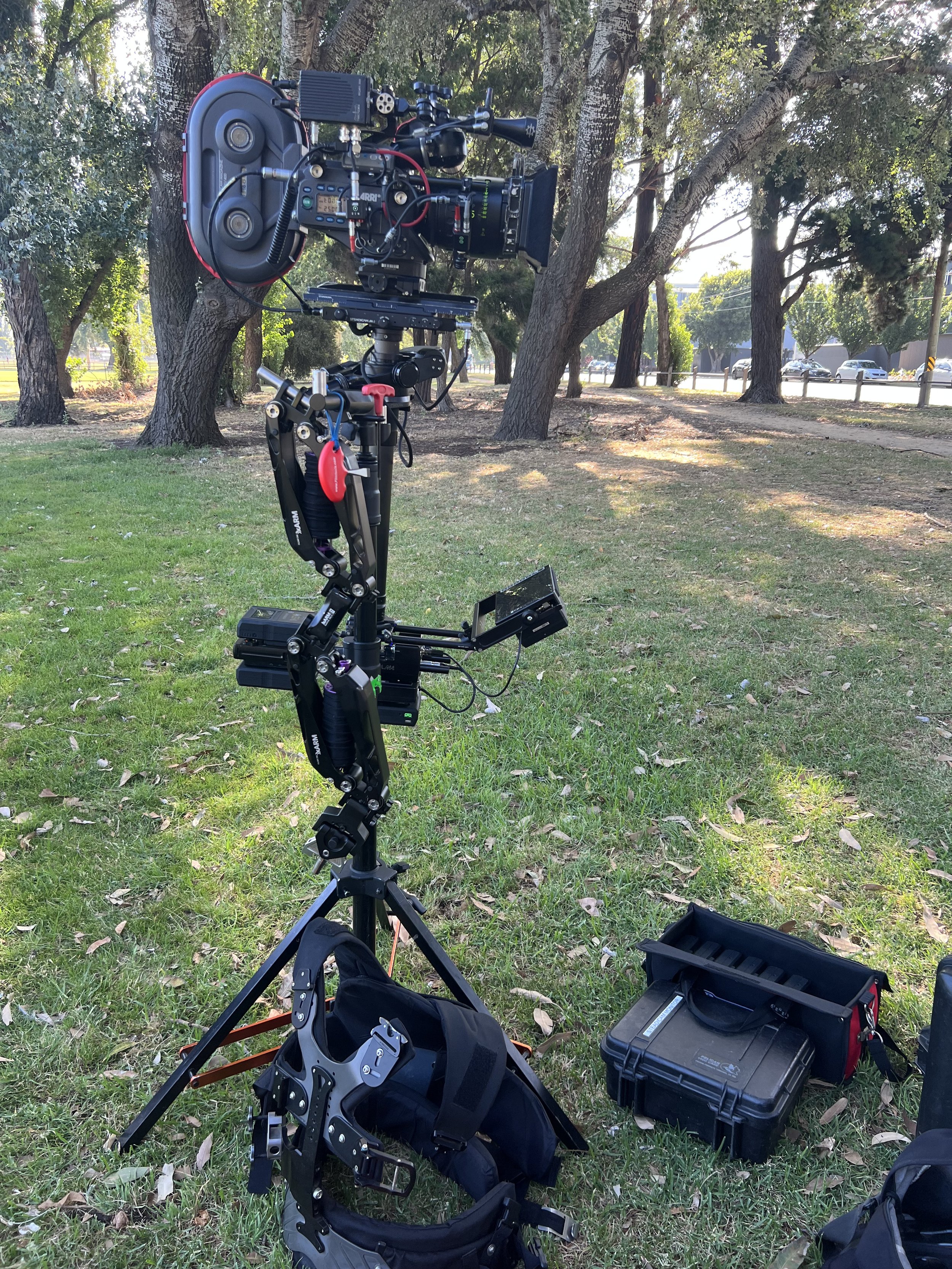 Camera stabilizer setup with professional video camera on a tripod in a park, surrounded by trees and equipment cases on the grass.
