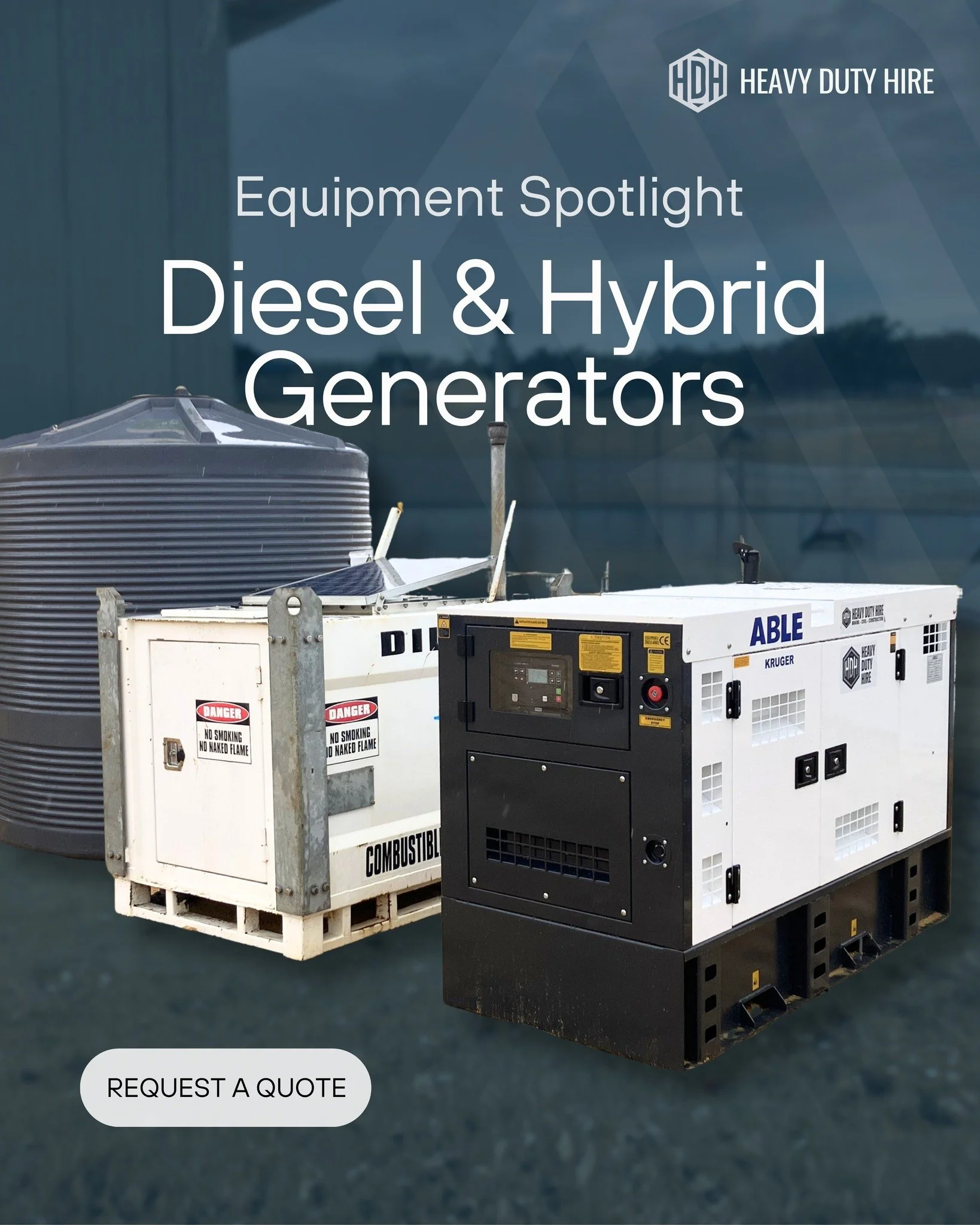Powering your site, efficiently ⚡

Heavy Duty Hire supplies diesel and hybrid generators from 30kVA to 250kVA for construction, civil and mining projects across WA.

For lower energy sites, hybrid units can significantly reduce fuel usage and refuell