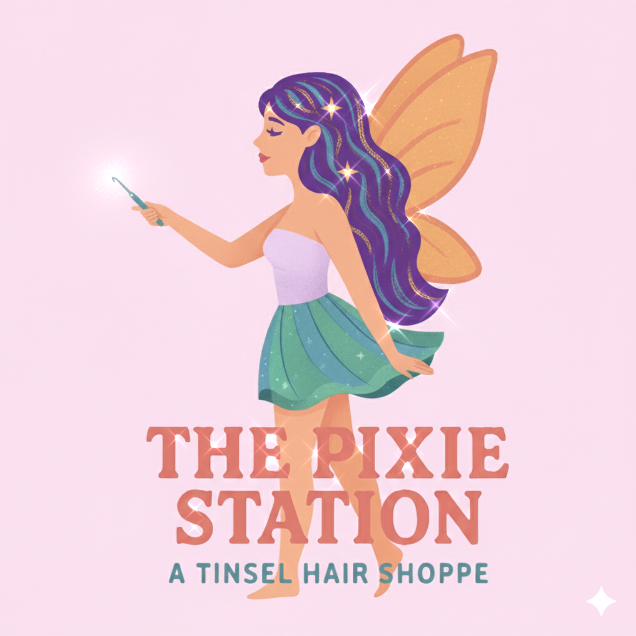 A cartoon fairy with long, wavy purple and blue hair, orange fairy wings, wearing a white top and a green skirt, holding a magic wand, with pink background and text that says 'The Pixie Station - A Tinsel Hair Shoppe'.