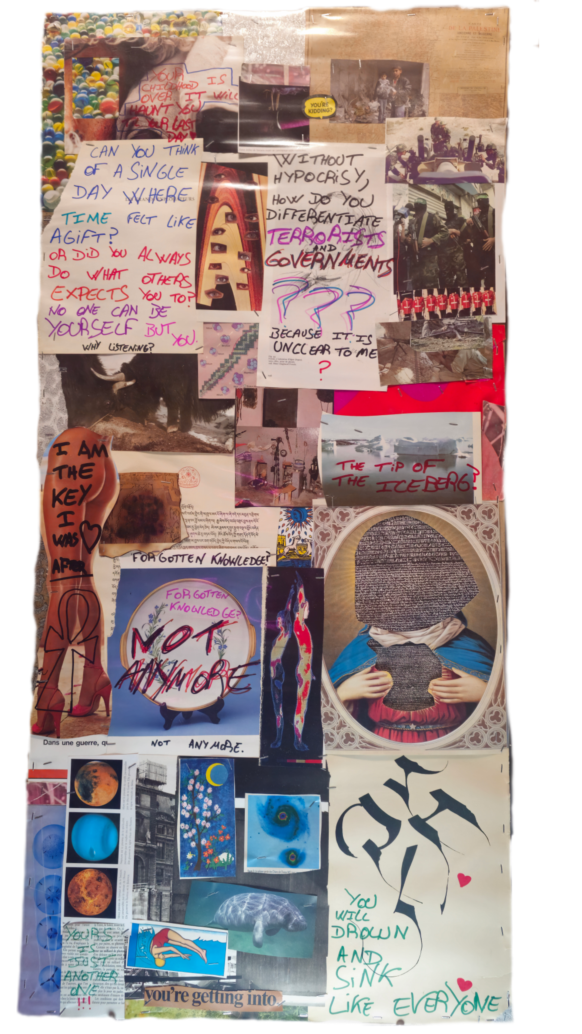 Collage of various images and handwritten notes, including pictures of people, animals, space, and abstract art, with text questioning themes like government, knowledge, and existence.