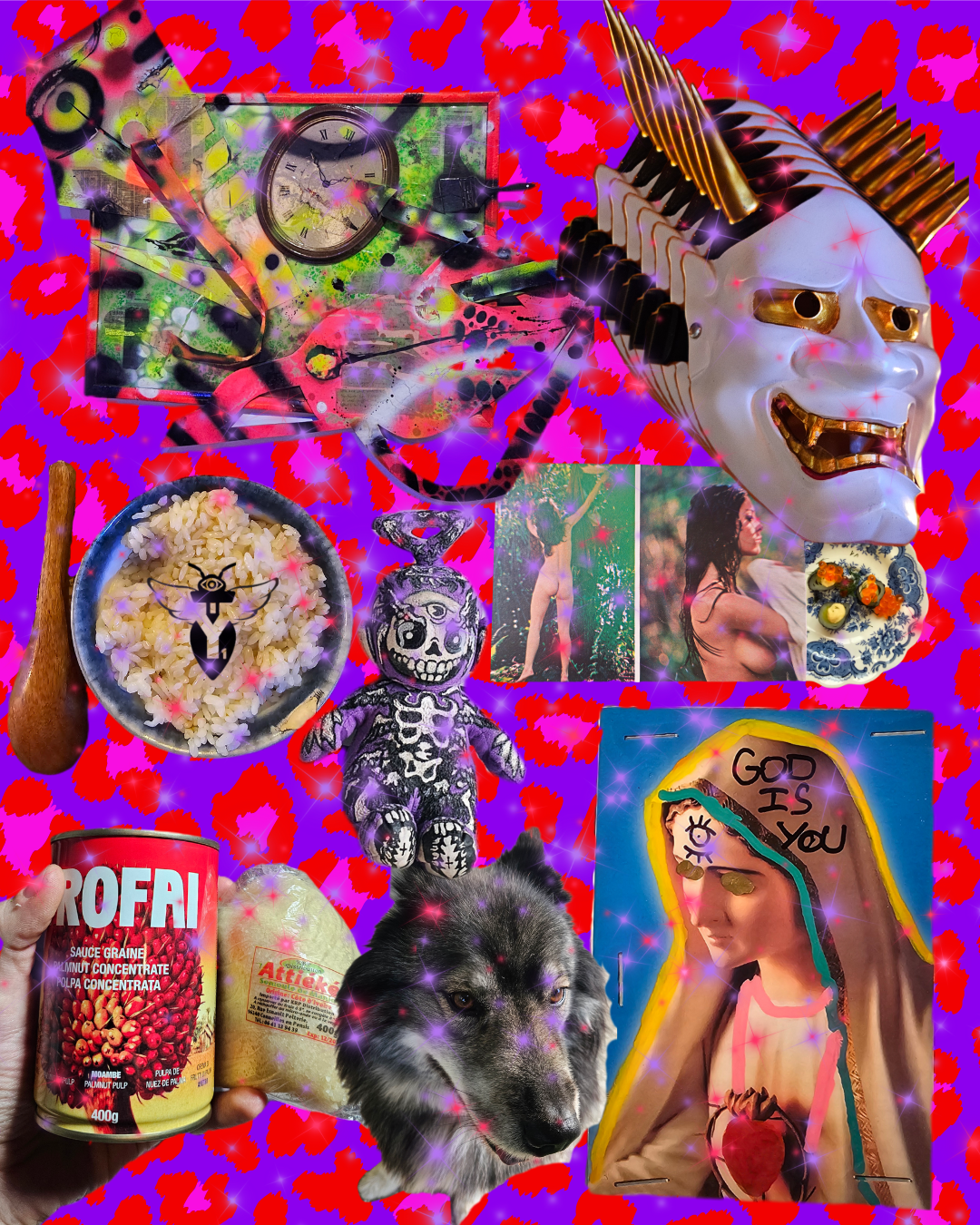 A colorful collage with various eclectic items including a clock, a traditional mask, a stuffed toy, rice with a bee sticker, a wolf, a can of pomegranate pulp, a bag of kalamata olives, a woman in a forest, a tattooed woman, a skull art, a vintage p