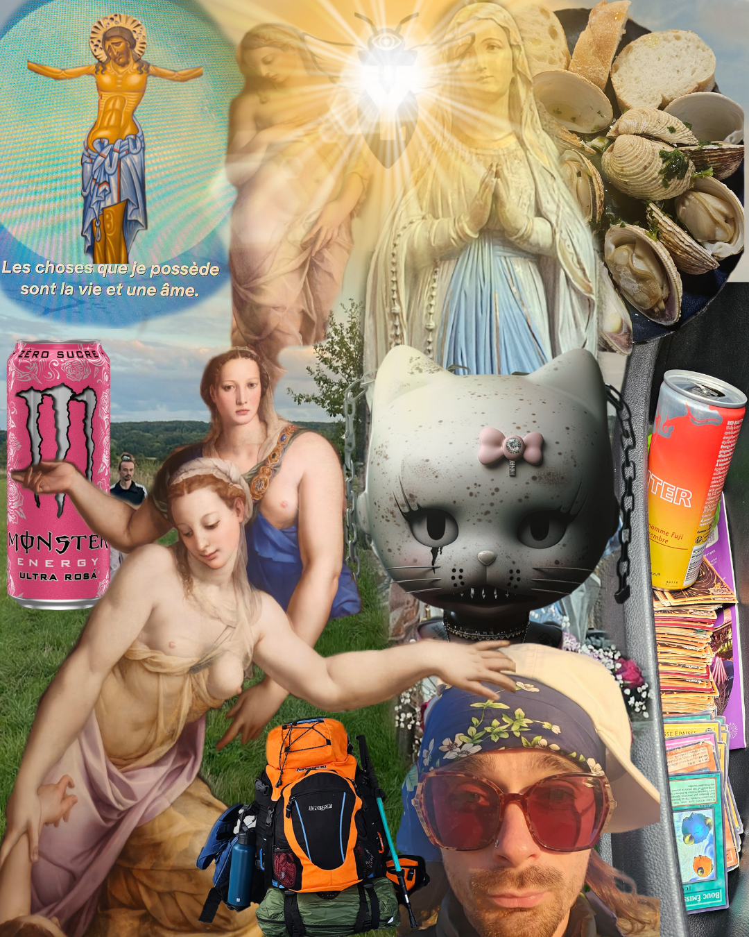 A collage of various objects and images including religious figures, women, a monster-themed cat mask, energy drinks, seashells, slices of bread, a person wearing sunglasses and a hat, a backpack, and trading cards. There is also a message in French,