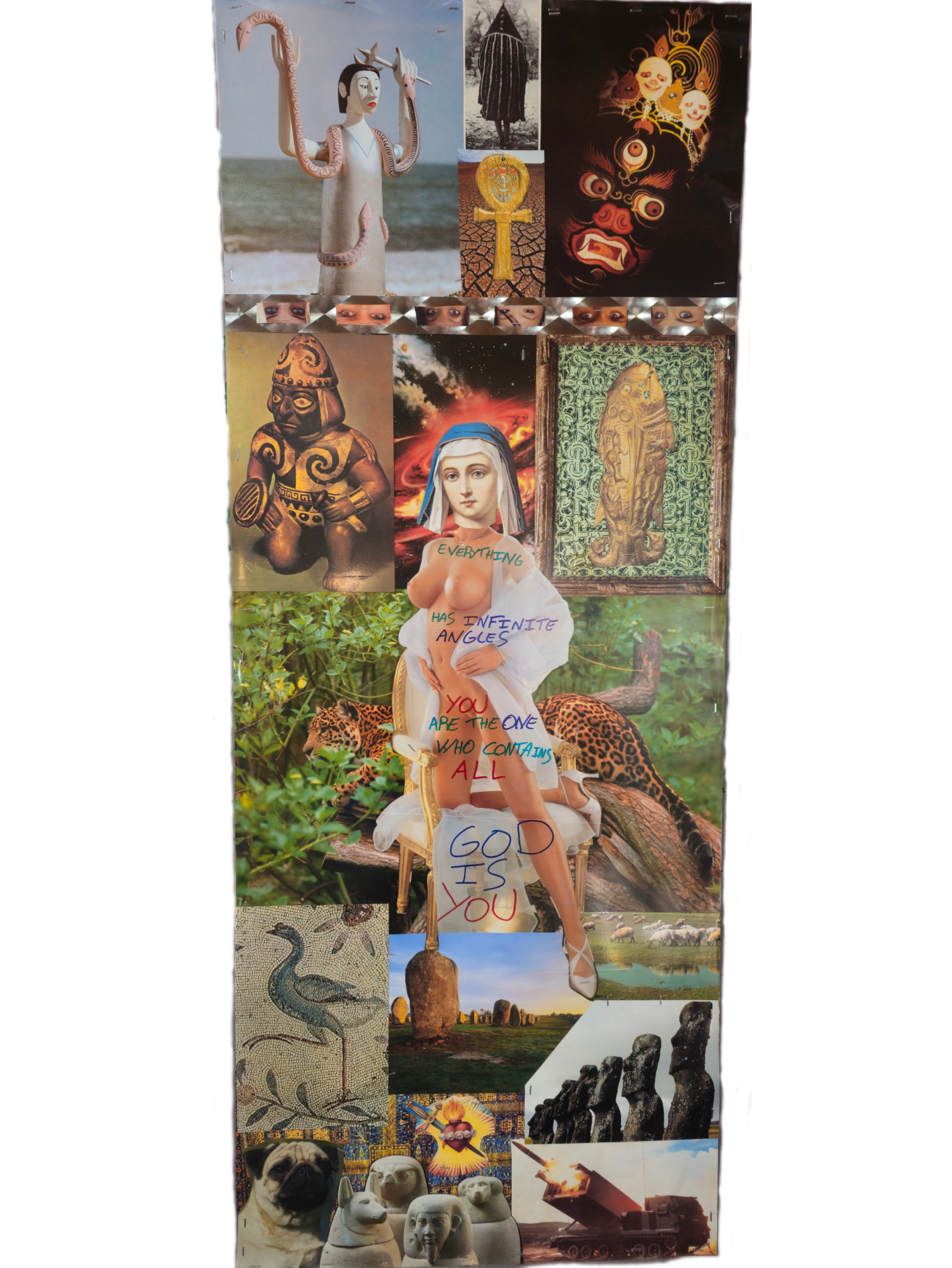 Collage of various images including religious statues, mythological figures, a woman sitting on a throne surrounded by animals, and fragments of artwork.