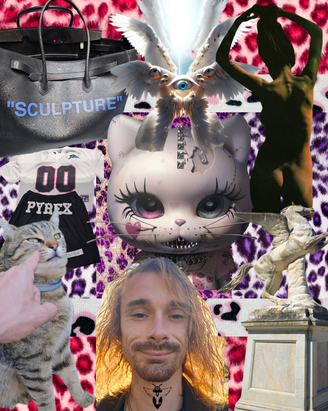 A collage of eclectic objects including a gray handbag labeled 'SCULPTURE,' a large doll with a cat face and an eye on forehead, a black silhouette of a woman dancing, a white and pink sports jersey with the number 00 and 'PYFEX,' a gray tabby cat be