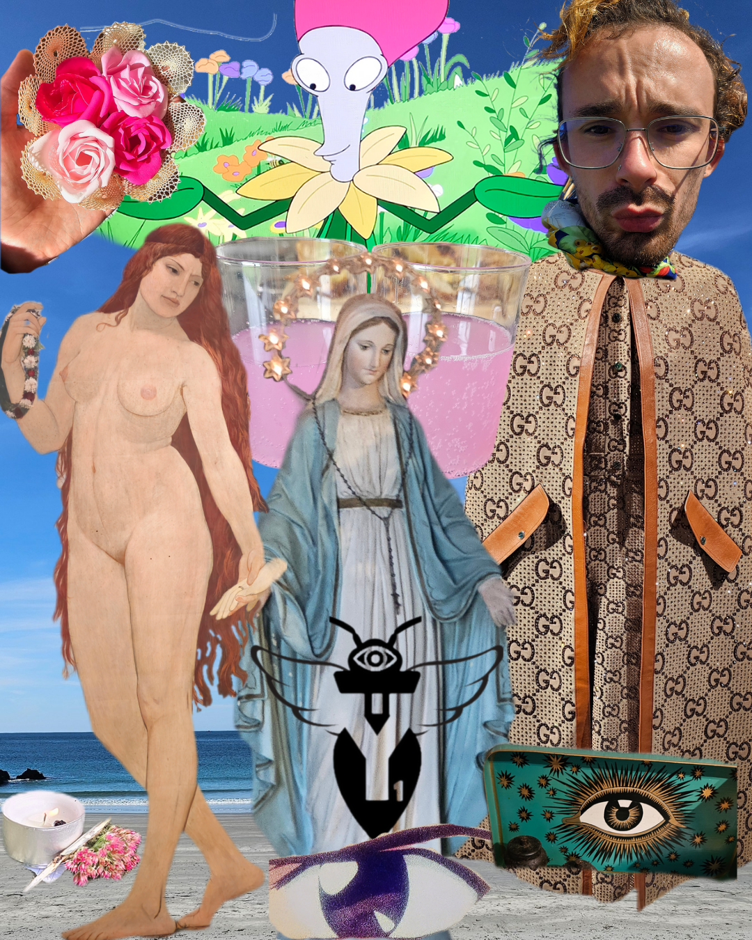 A collage featuring a cartoon character, a man with glasses in a patterned jacket, a nude woman, a religious icon, a glass of pink liquid with a Madonna image, a hand holding a bouquet of roses, a laptop with an eye design, a beach background, a cand
