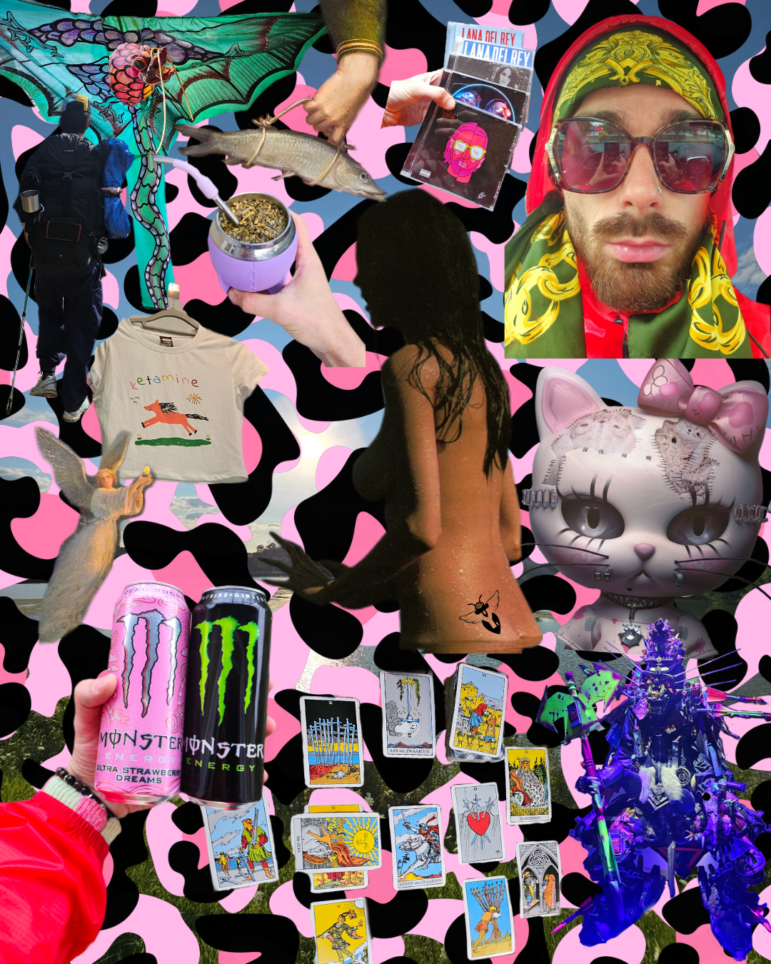 A collage of various objects and people with a pink and black abstract background. Includes a large butterfly, a fish, tarot cards, a person with rainbow glasses, a stuffed animal, tarot cards, energy drinks, and other miscellaneous items.