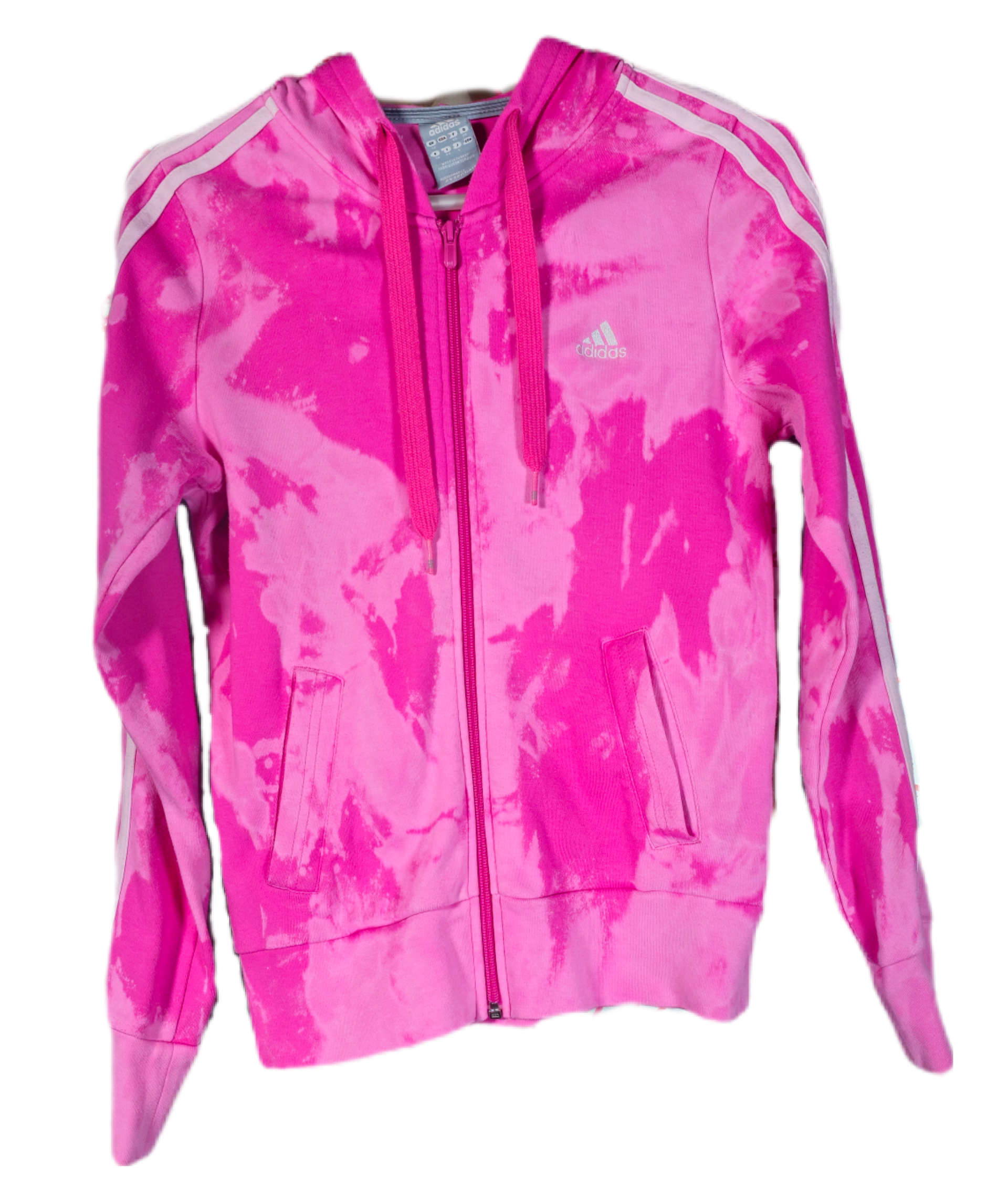 Pink tie-dye Adidas zip-up hoodie with white stripes on sleeves and a small Adidas logo on the chest.