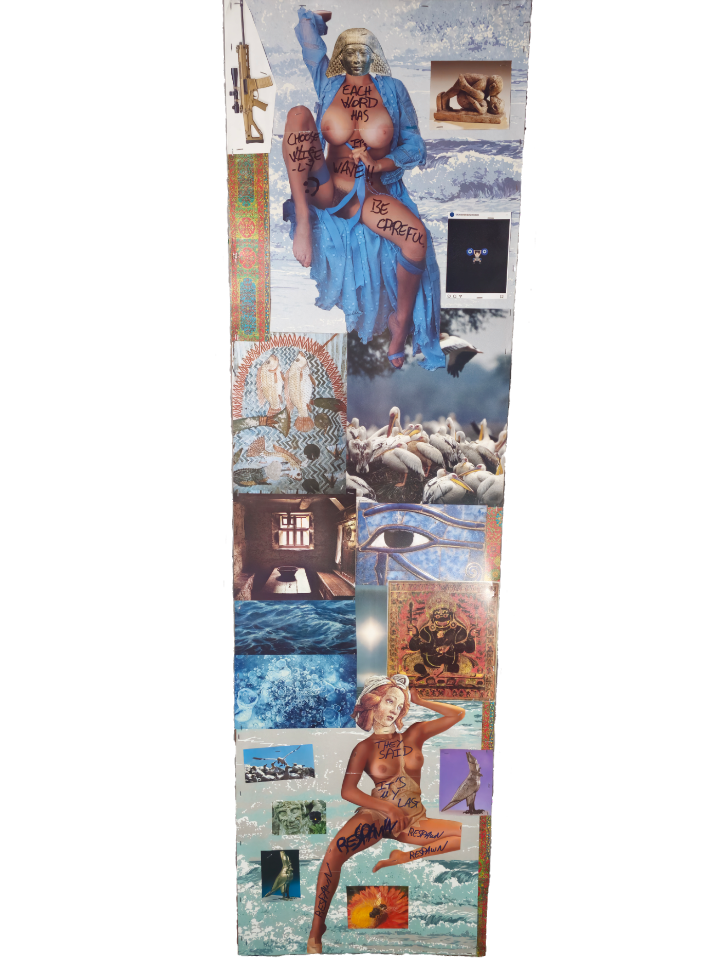 Collage of various images including a eerie figure with a blue dress and writing on body, animals, water scenes, artwork, and a woman with graffiti on her body.