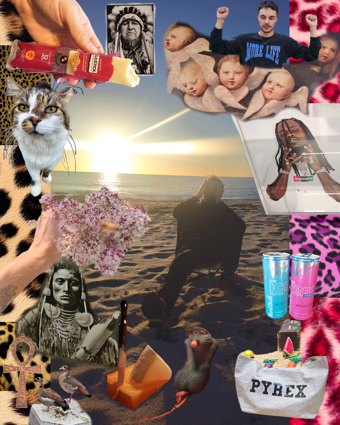 A collage featuring a sunset at the beach with various random objects and people, including a cat, a person holding cheese and bread, an old Native American photograph, a man with closed eyes, multiple people with painted faces, a person with headpho