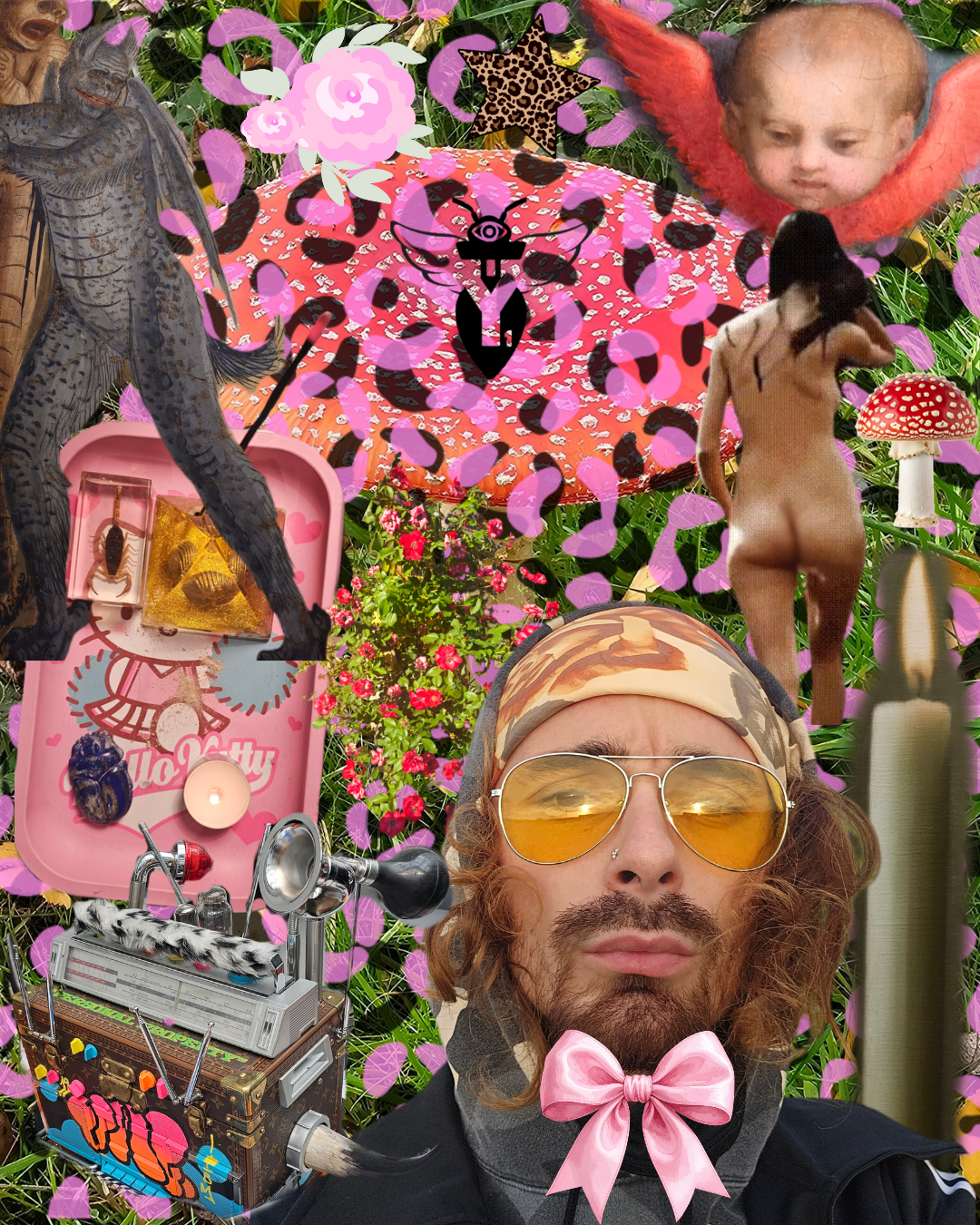  collage of various elements including a man with long wavy hair and a pink bow tie, a large pink and black leopard print umbrella, a child's face with red wings, a nude woman with black hair, a red and white mushroom, a monster truck toy, a pink tra