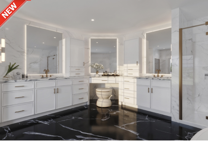 Modern luxurious bathroom with white cabinetry, marble countertops, large mirrors with LED lighting, black marble flooring with white veining, and a glass shower enclosure on the right.