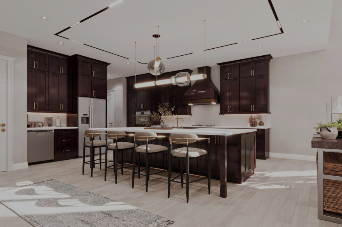 Modern kitchen with dark wood cabinets, a large island with seating, stainless steel appliances, and pendant lighting