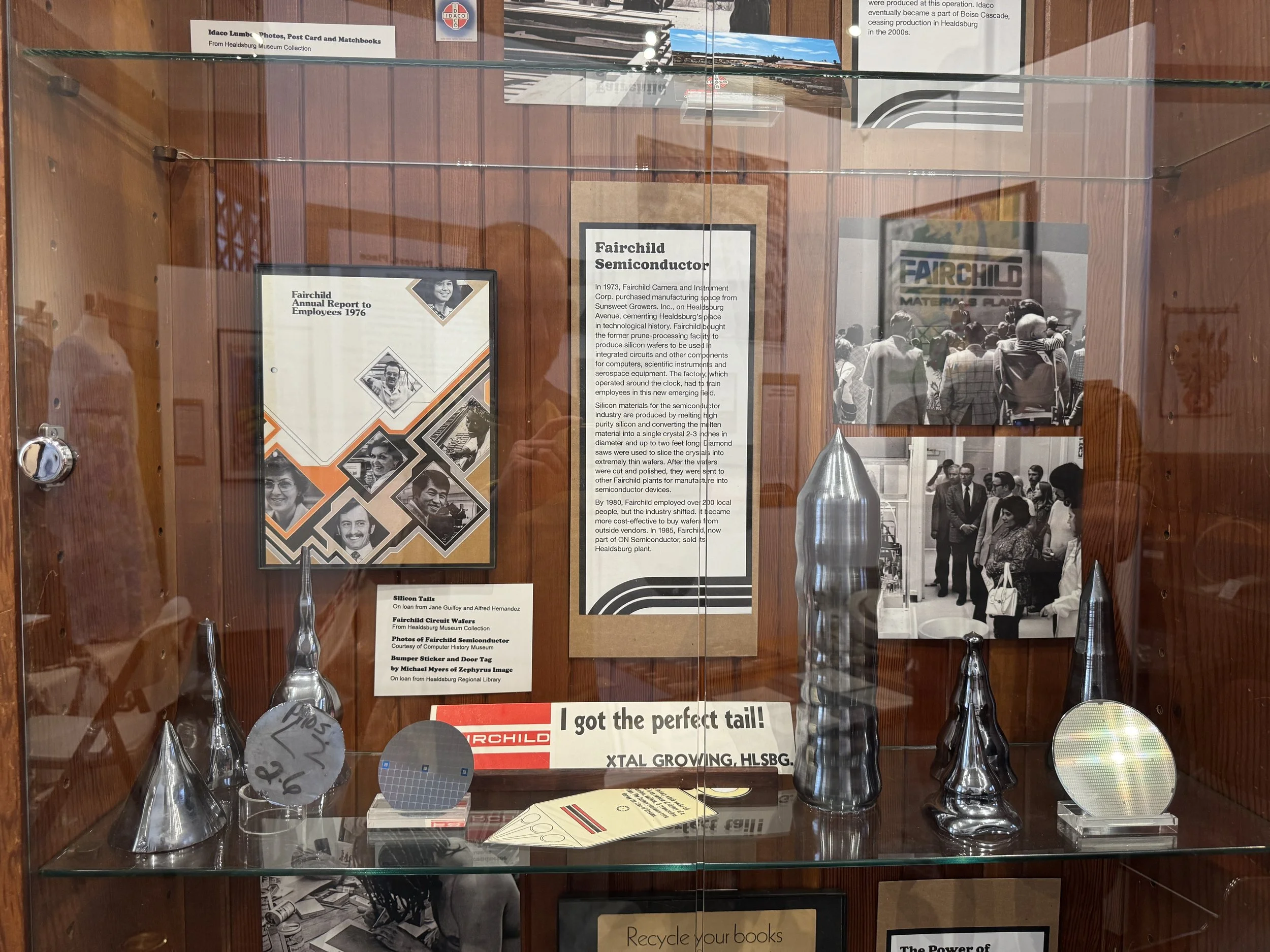 A museum display showcasing the history of Healdsburg's semiconductor and silicone manufacture industry.