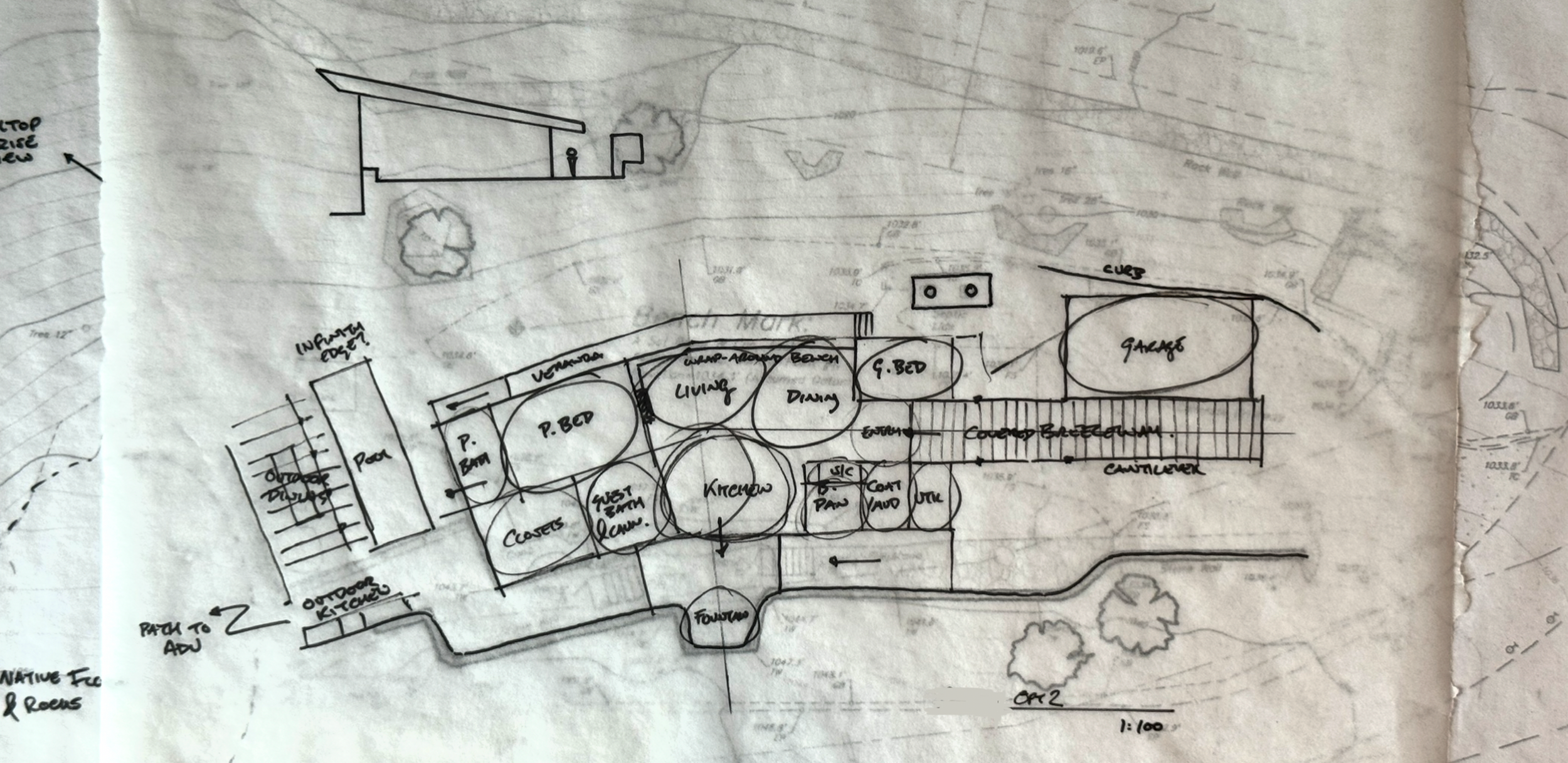 A schematic design sketch of the layout of a proposed house