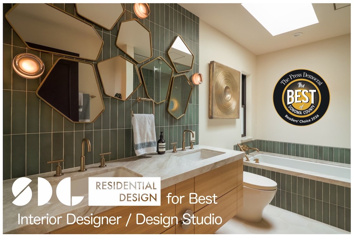 A green tiled bathroom with quartzite counters and white oak vanity, Text overlaid says " SDL Residential Design for Best Interior Designer/ Design Studio"
