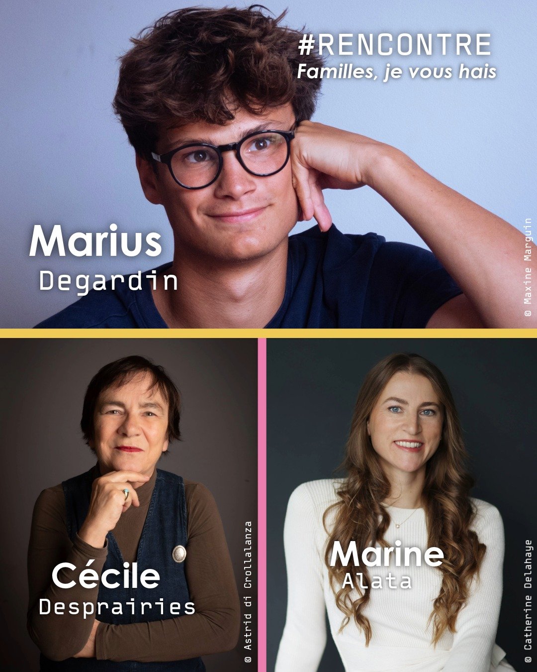🖌 𝗜𝗡𝗩𝗜𝗧𝗘́𝗦 #FDL2026 🧡
"Familles, je vous hais", une rencontre litt&eacute;raire avec Marius Degardin (Les Mandragores, @les_editions_du_panseur), C&eacute;cile Desprairies (L'Enfant du doute, @editions_julliard) et Marine Alata @ma