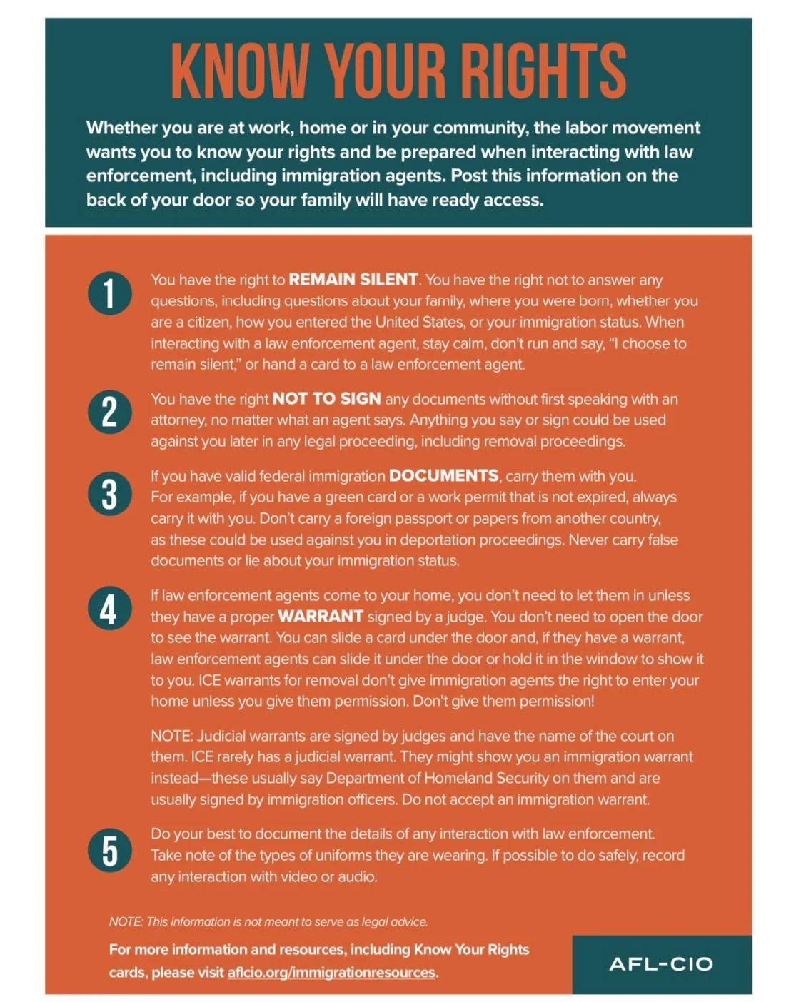 Whether you are at work, home or in your community, the labor movement wants you to know your rights and be prepared when interacting with law enforcement, including immigration agents.

NOTE: This information is not meant to serve as legal advice. 
