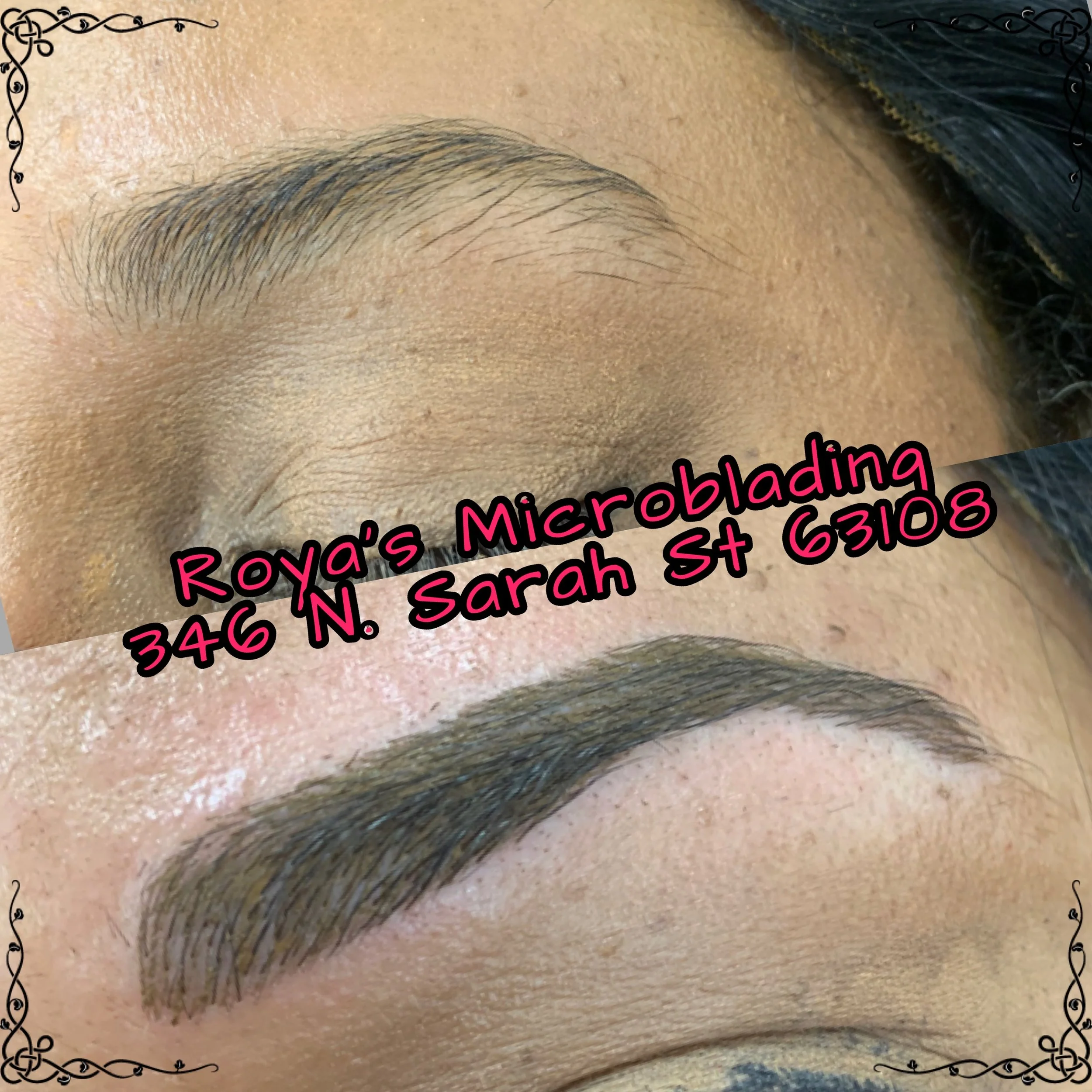 Close-up of a person's eyebrow before and after microblading procedure at Roya's Microblading, 346 N. Sarah St 63108.