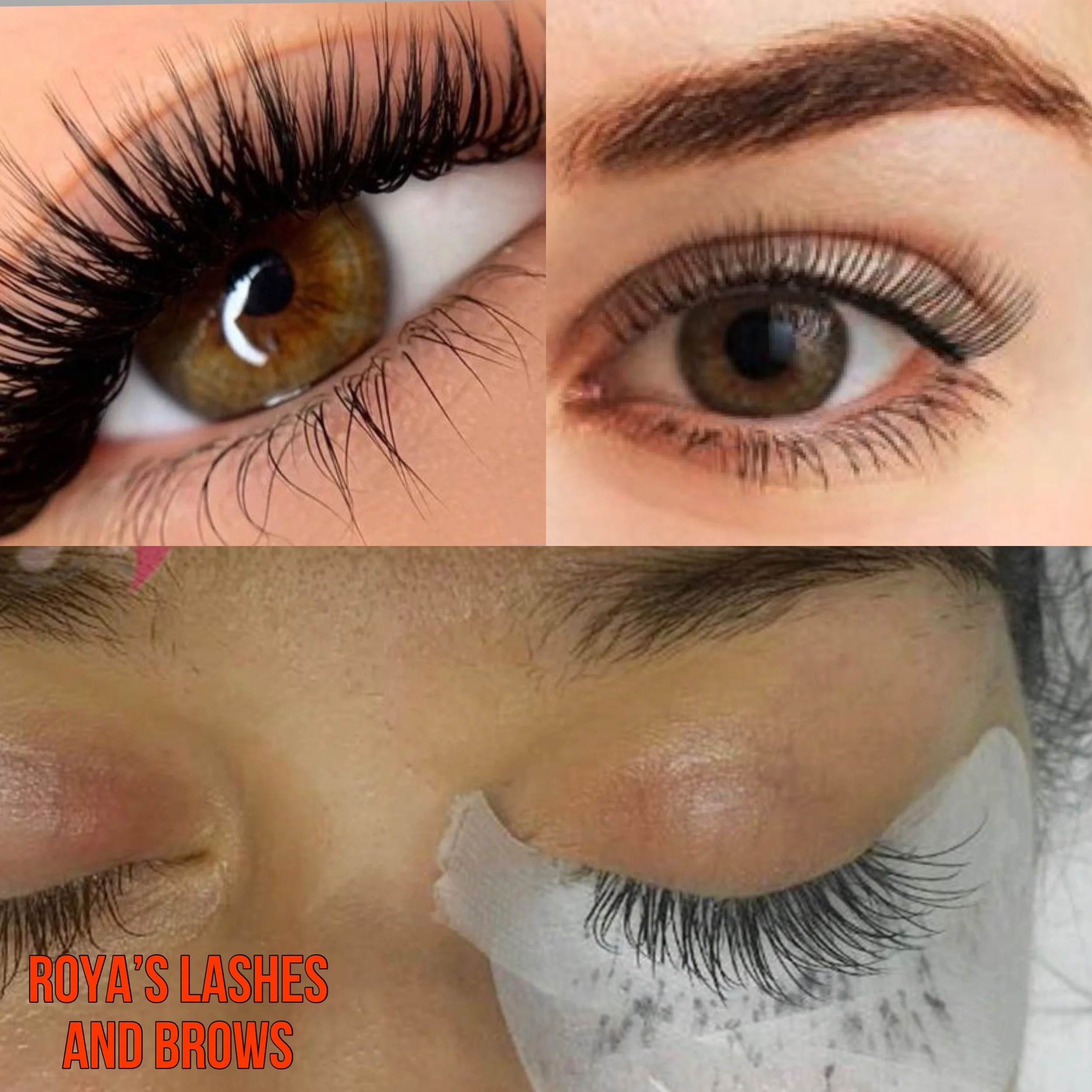 Close-up of three different eyes focusing on their eyelashes and eyebrows. The bottom image shows an eye with eyelash extensions and a patch under the eye. Text overlay reads 'Roya's Lashes and Brows.'