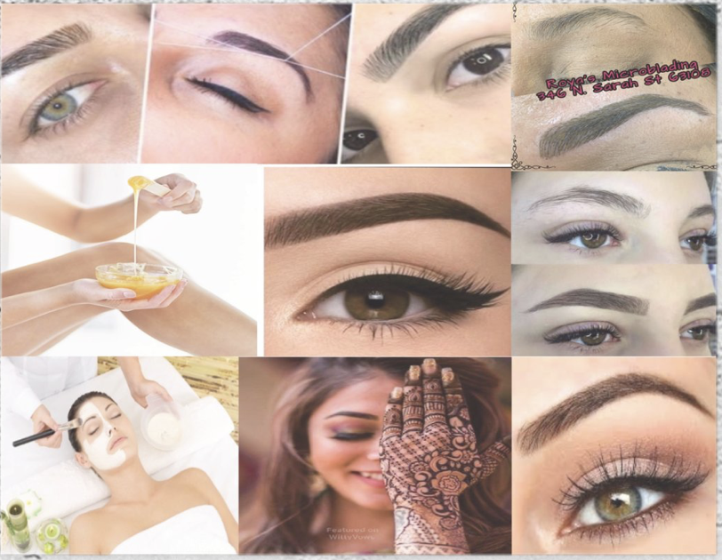 Collage of skincare, makeup, and beauty treatments including eyebrows shaping, eyelash application, henna tattooing, and facials.