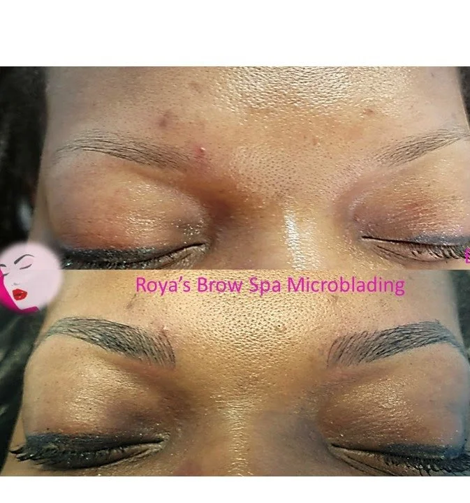 Close-up of a person's eyebrows before and after microblading treatment, with the text "Roya's Brow Spa Microblading" in pink across the image.
