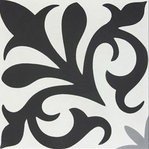 Decorative black floral pattern with abstract swirls and shapes.