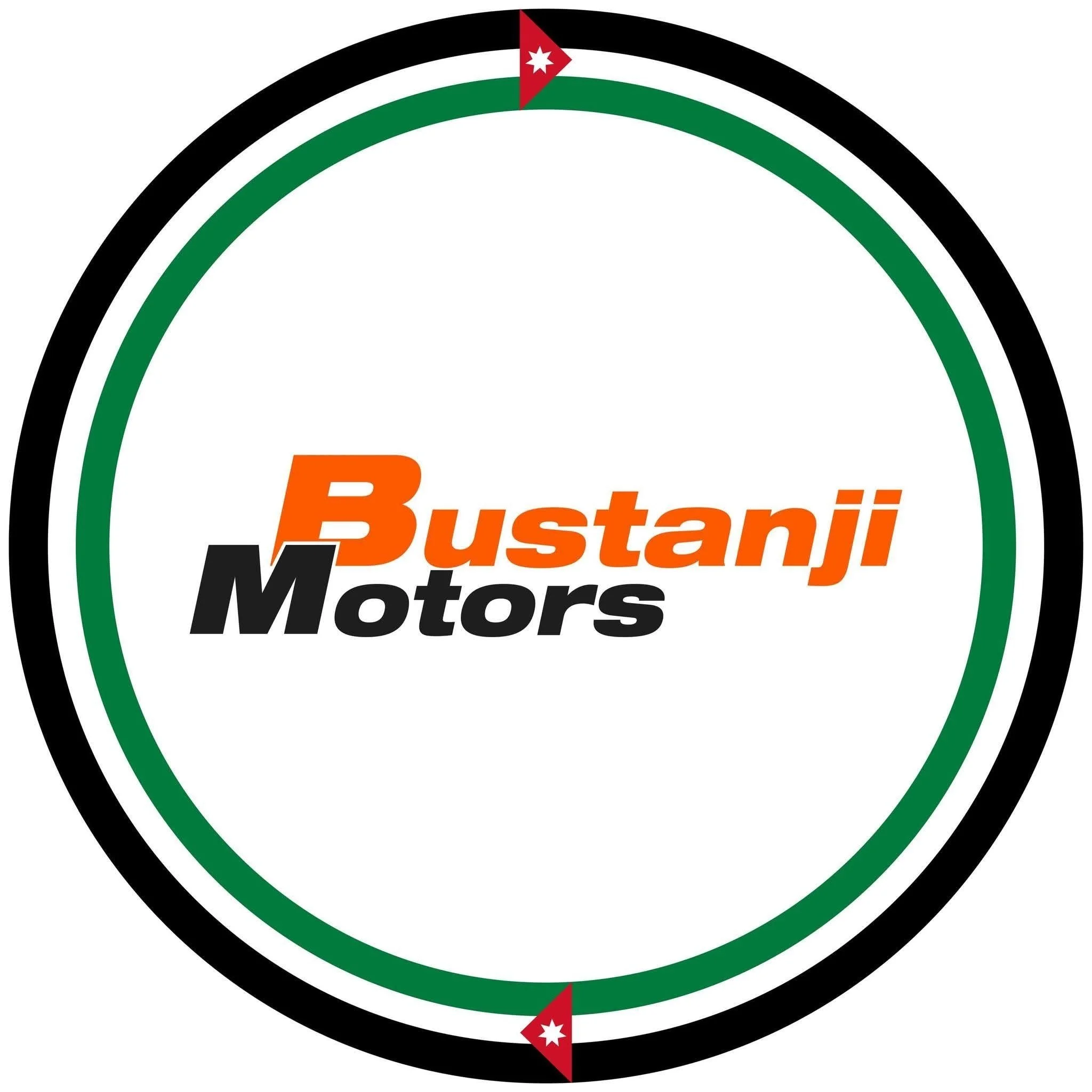 Logo of Bustanji Motors with green, black, white, and red borders, featuring red flags with white stars at the top and bottom, and the brand name in orange and black text in the center.