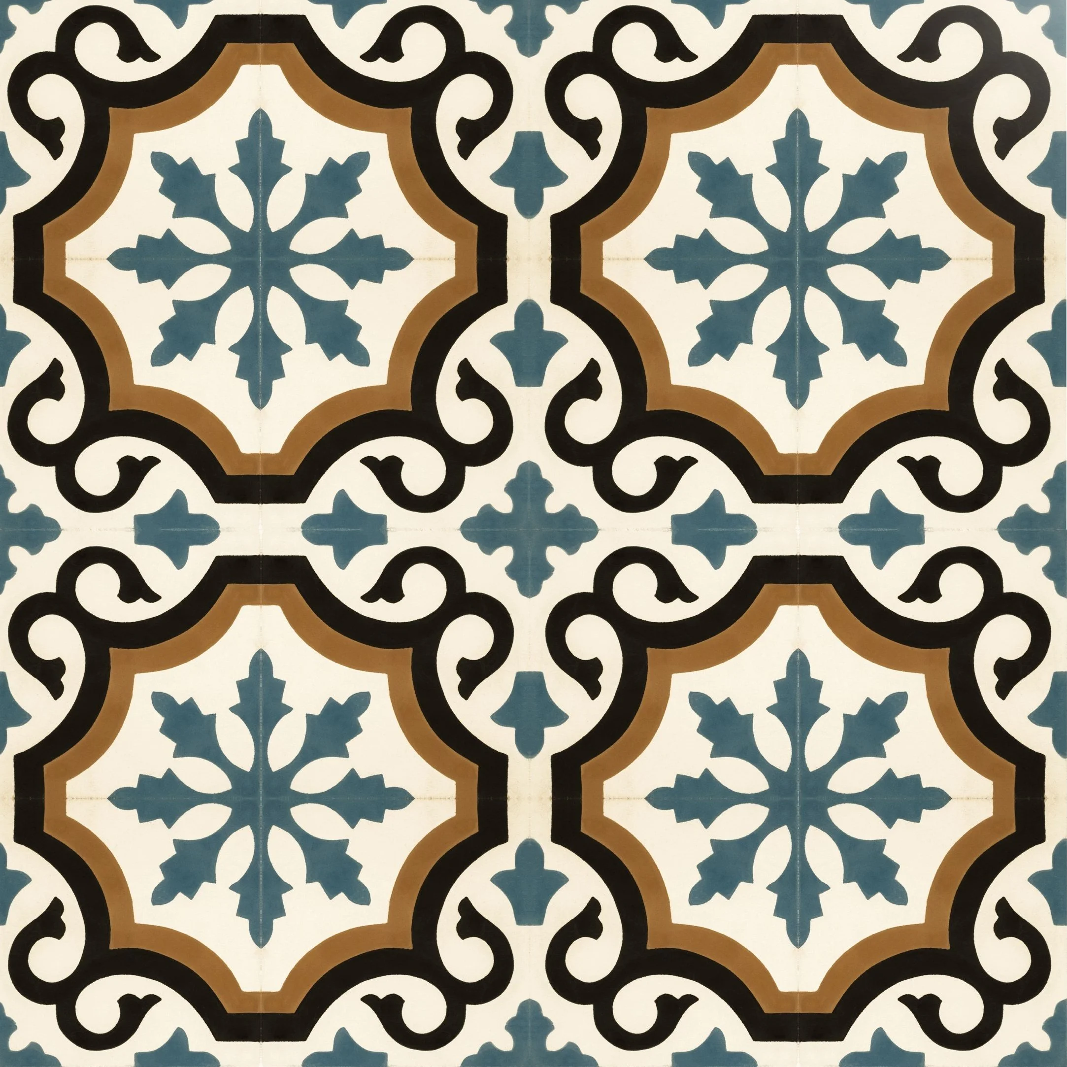 Pattern of decorative tiles with blue snowflake-like designs, surrounded by black, beige, and white scrollwork.