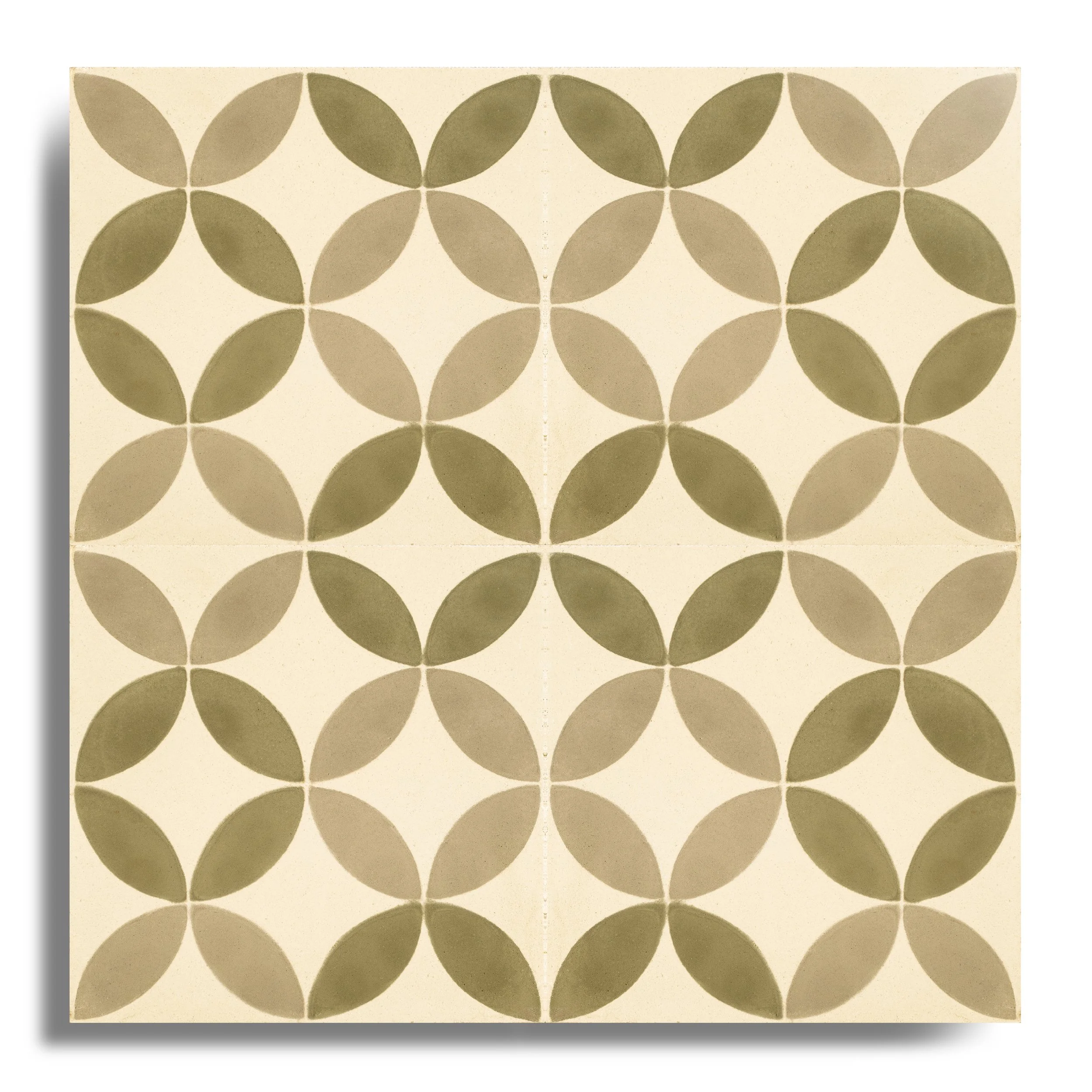 The Clover 2 handmade cement tile featuring a repeating geometric petal pattern in sage green and light taupe.  webp