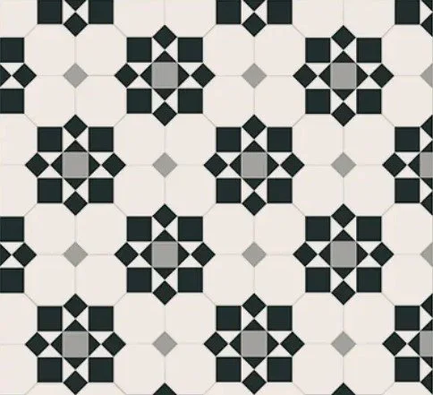 Pattern of black and white tiles with geometric star and hexagon shapes.
