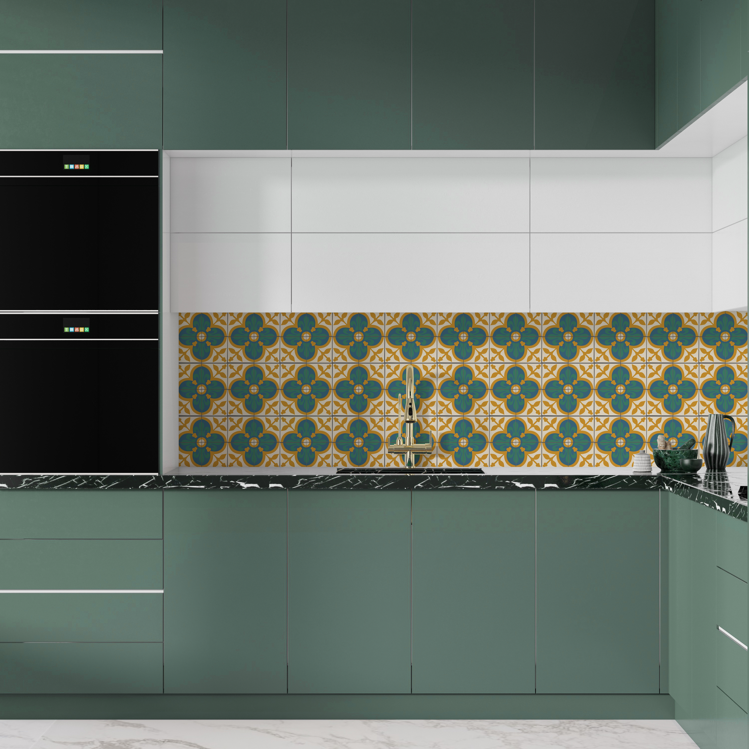 Modern kitchen with green cabinets, a black marble countertop, a floral patterned backsplash, and a sleek metallic faucet.