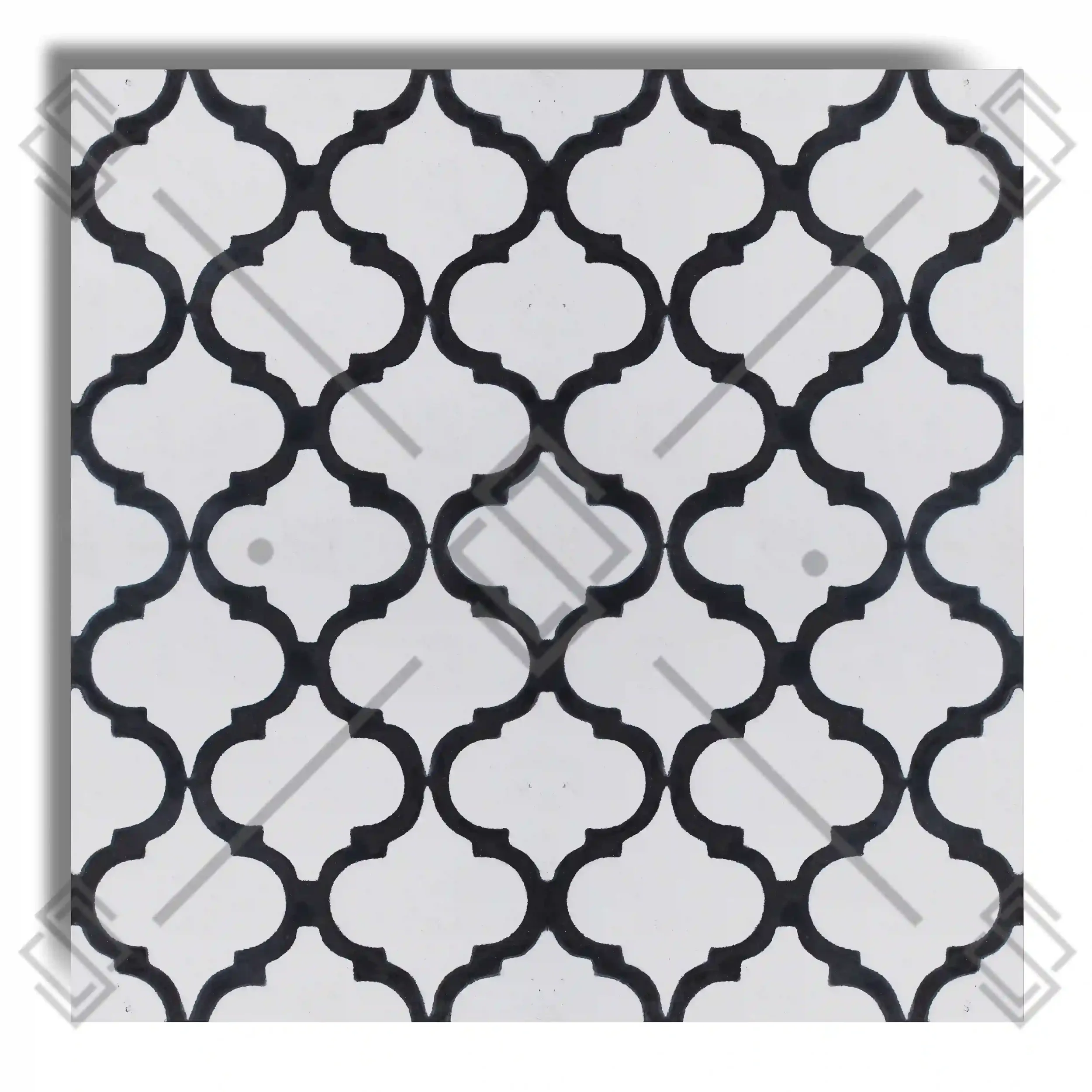 Transform your space with this black white quatrefoil cement tile. 20x20cm, 16mm thick. Pretreated on special order. Request a quote now.