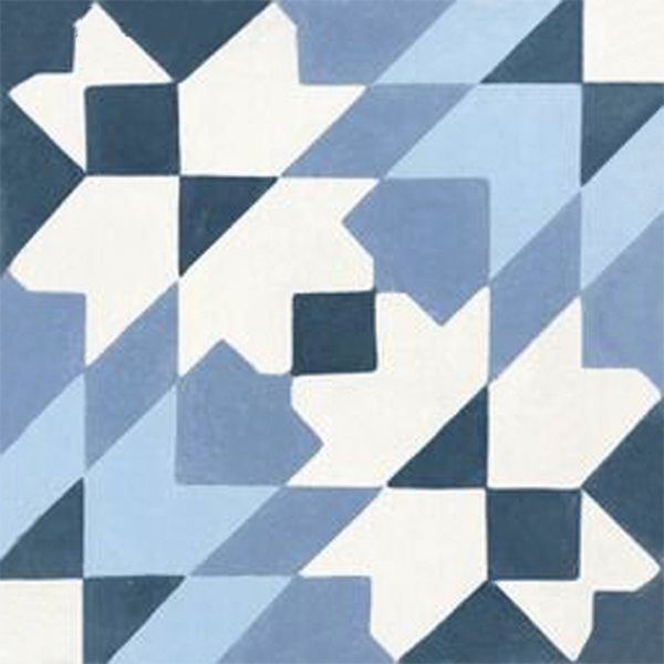Abstract geometric design in shades of blue and white, featuring squares, triangles, and star-like shapes.