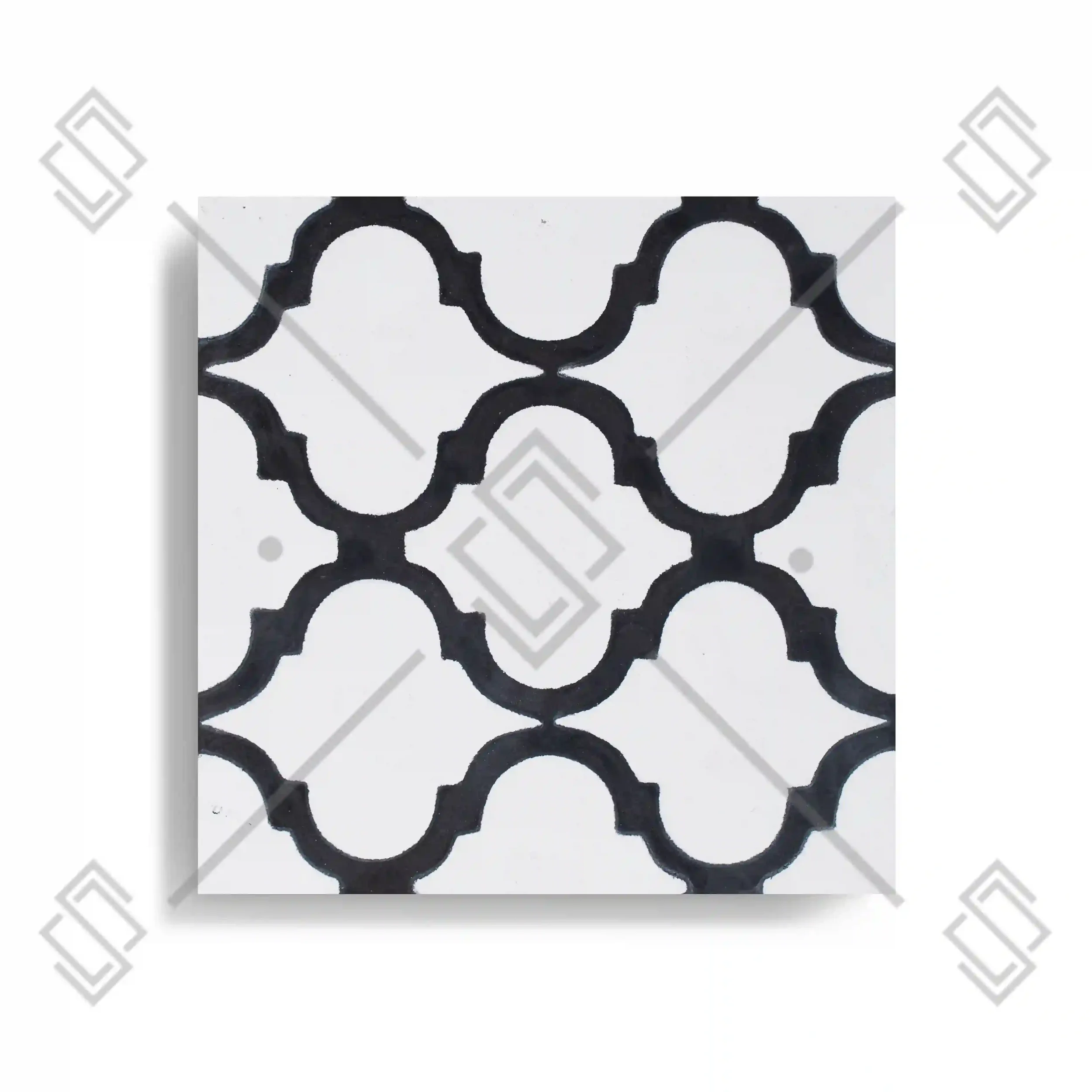 Transform your space with this black white quatrefoil cement tile. 20x20cm, 16mm thick. Pretreated on special order. Request a quote now.