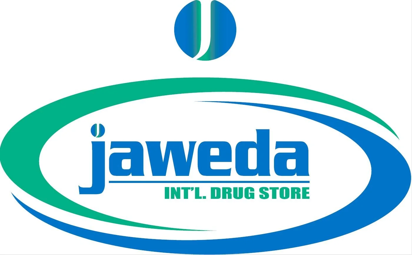 Logo of Jaweda International Drug Store with blue and green oval design and the store name in blue text.