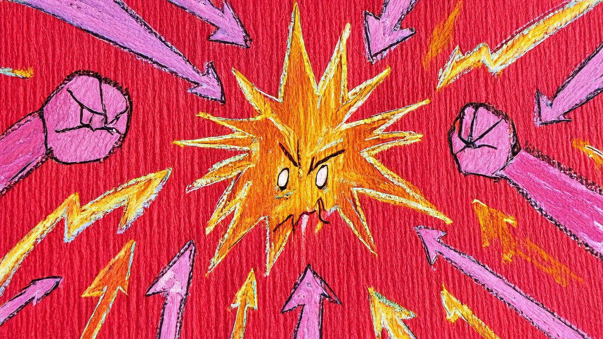 A colourful drawing of an angry looking spark being prodded by arrows from all directions. The spark looks like it will explode if it doesn't receiving some Counselling or Therapy for Anger